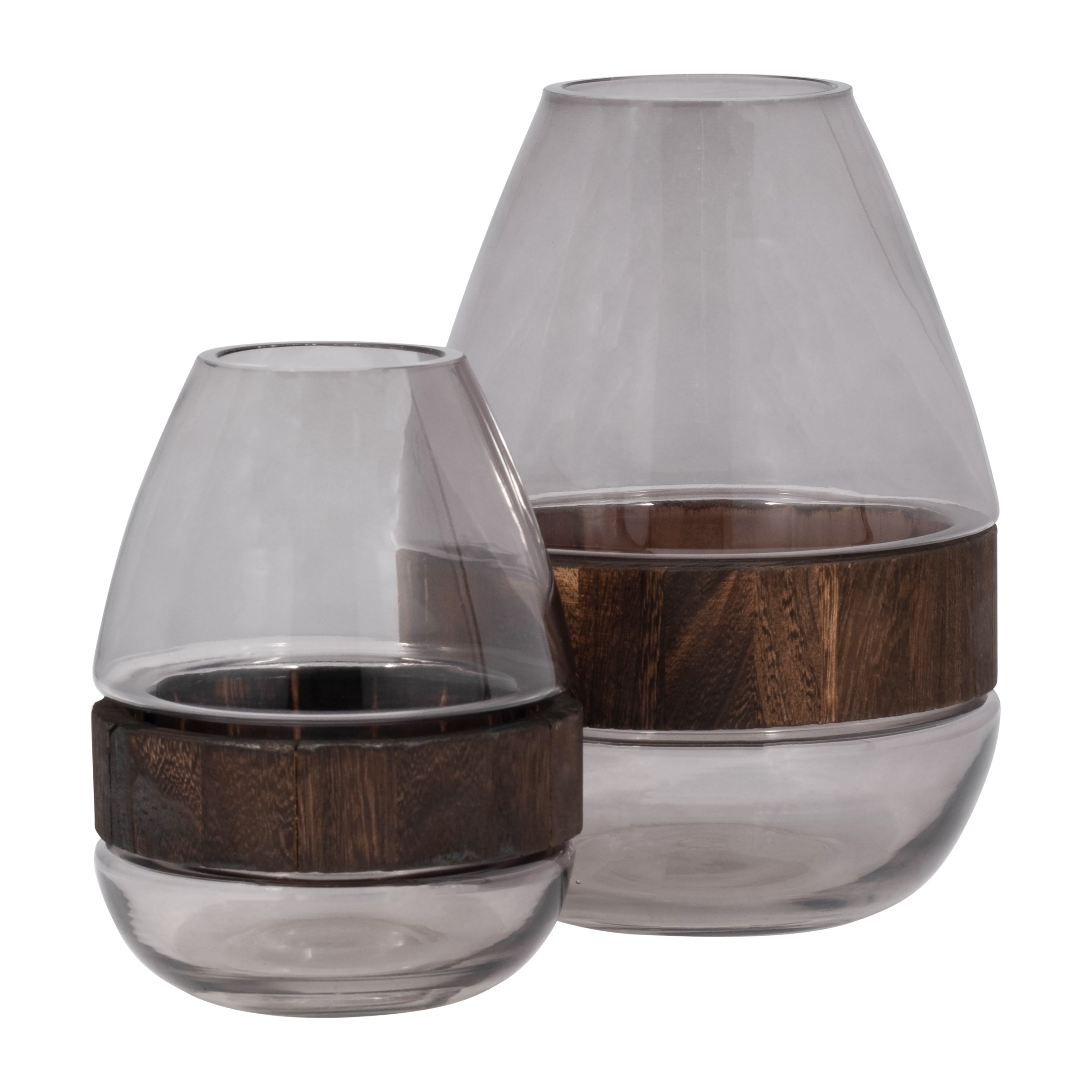 Glass, 10" Belly Vase W/ Wood Band, Clear - Decor Addict, LLC