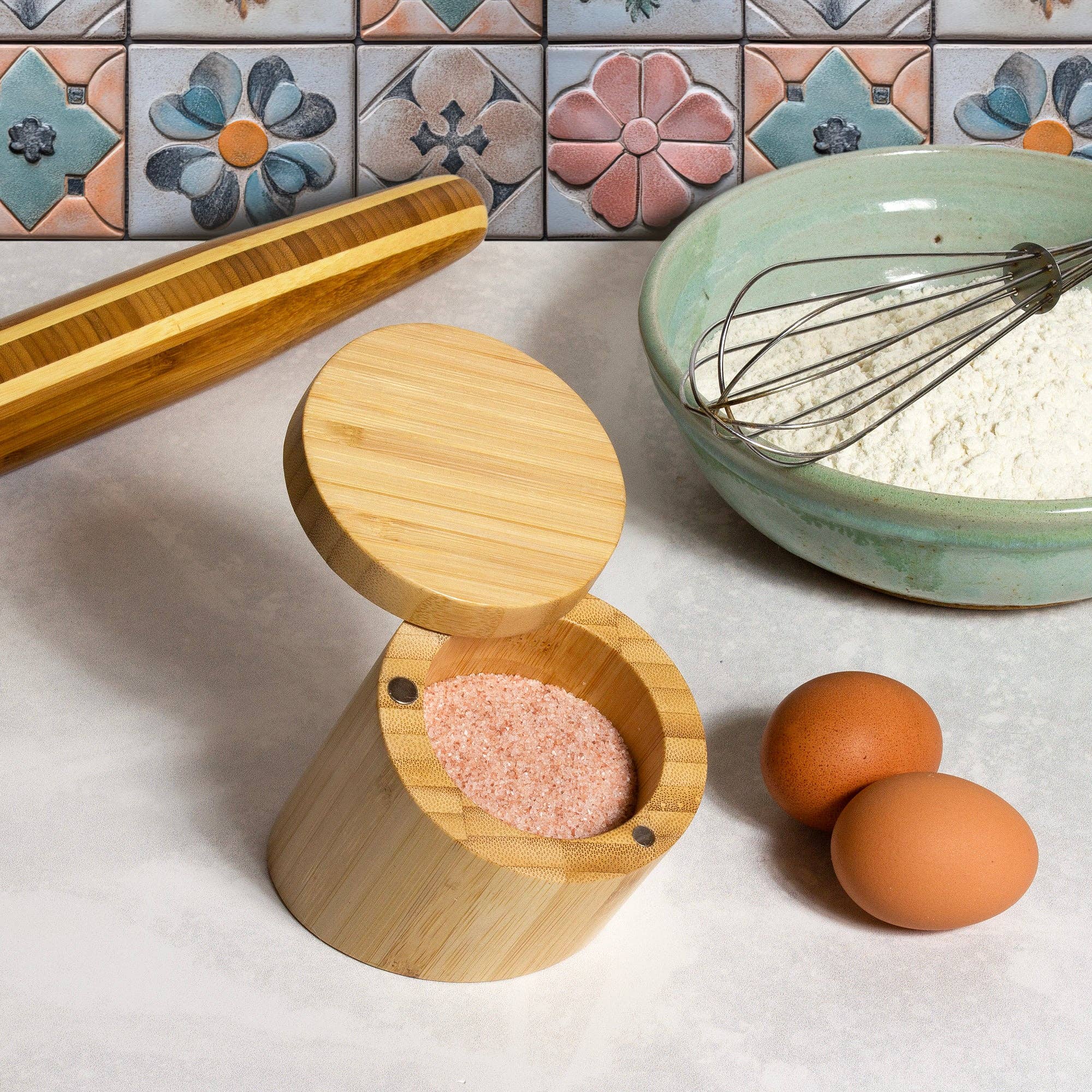 Angled Bamboo Salt Cellar Storage Box with Swivel Lid - Decor Addict, LLC