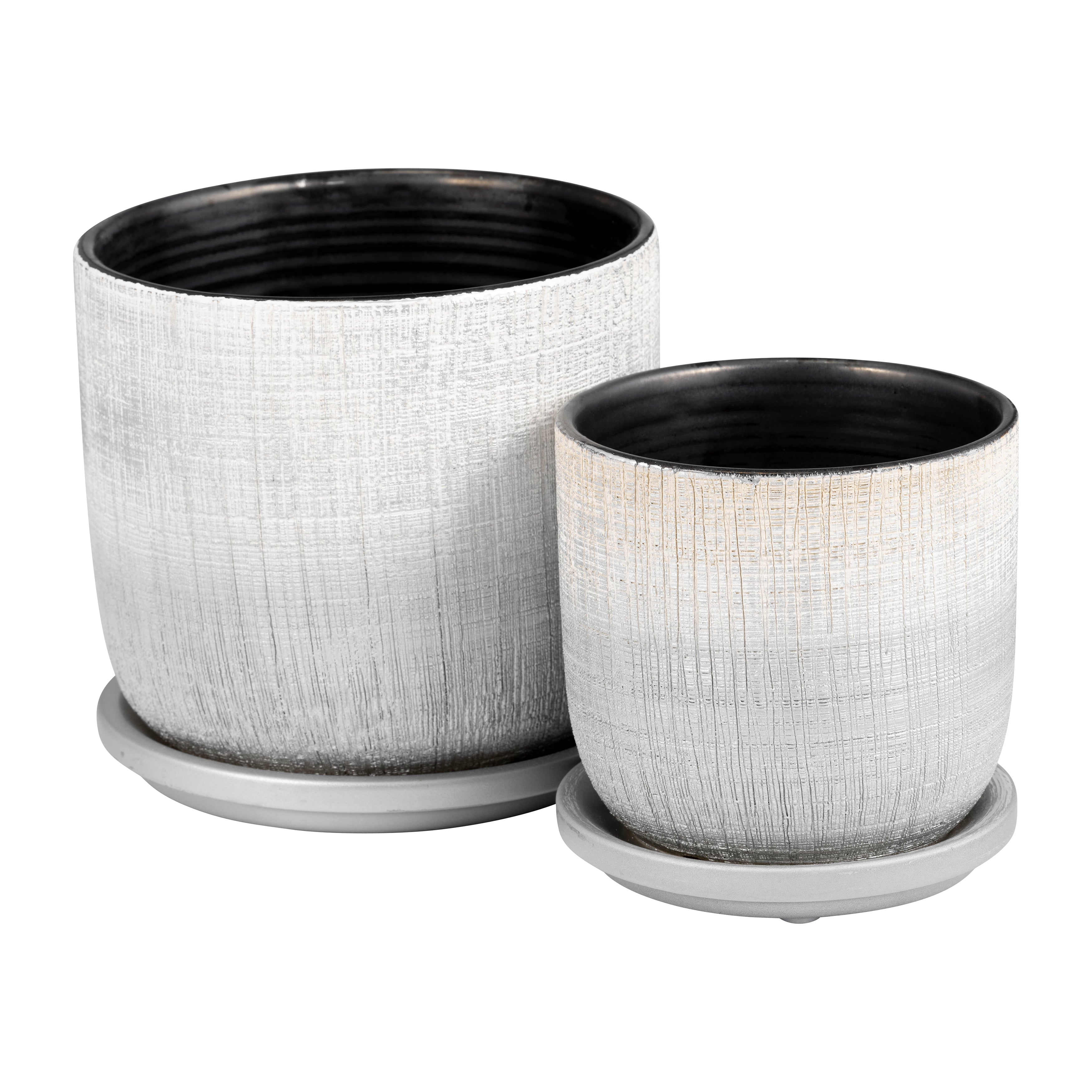 S/2 5/6" Textured Planter With Saucer, Silver - Decor Addict, LLC