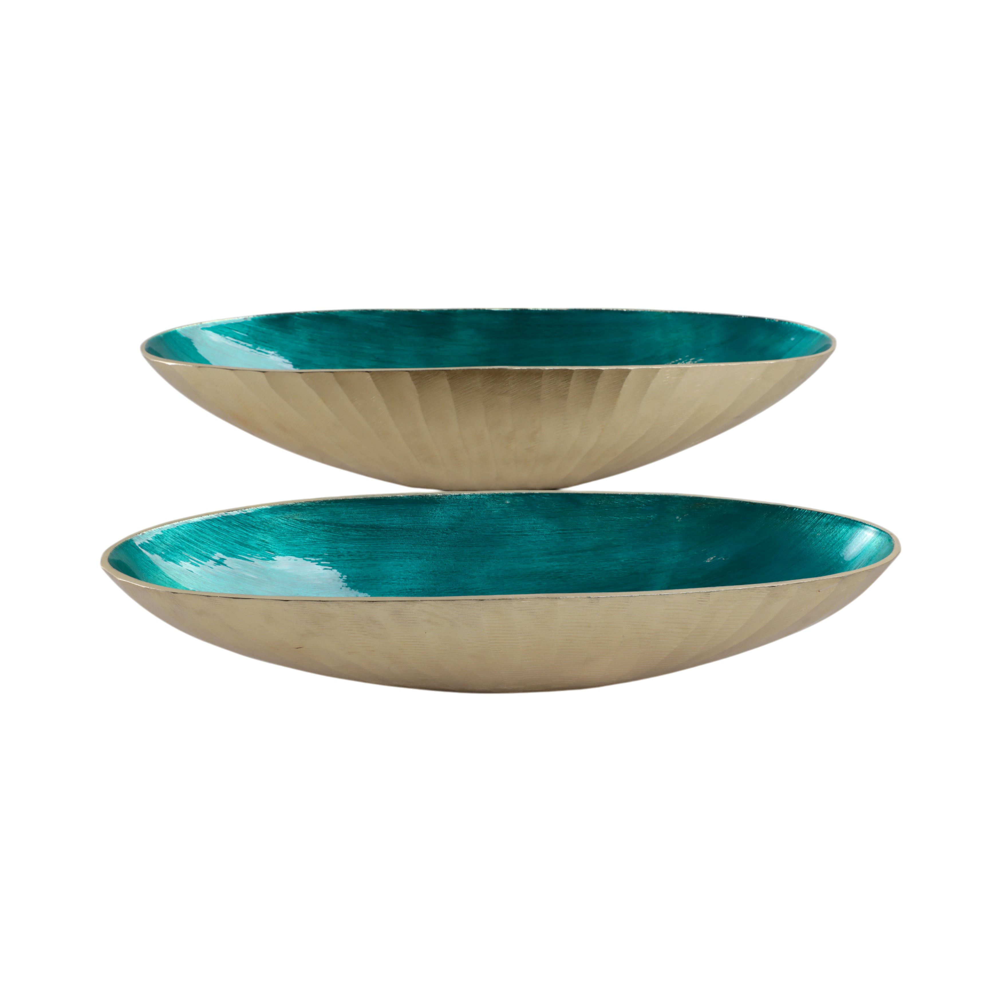 S/2 20/23" Oval Metal Bowl W/ Enamel, Blue/gold - Decor Addict, LLC