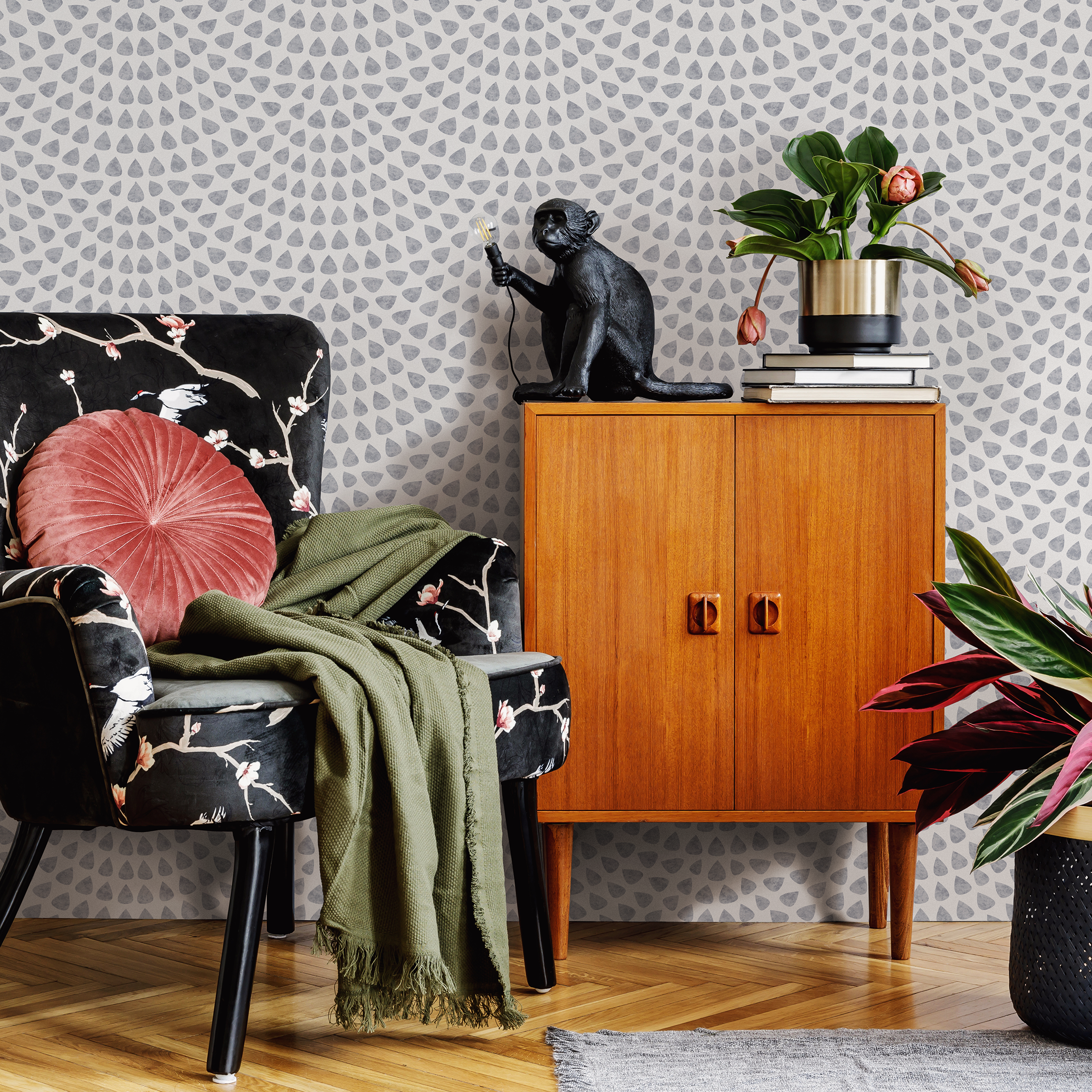 Abstract Wallpaper with a Scalloped Teardrop Motif in Gray - A064 - Decor Addict, LLC