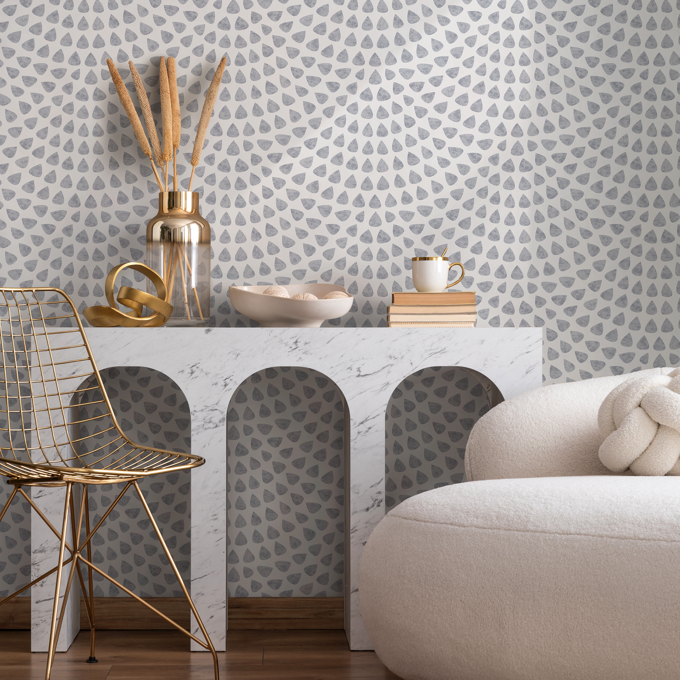 Abstract Wallpaper with a Scalloped Teardrop Motif in Gray - A064 - Decor Addict, LLC