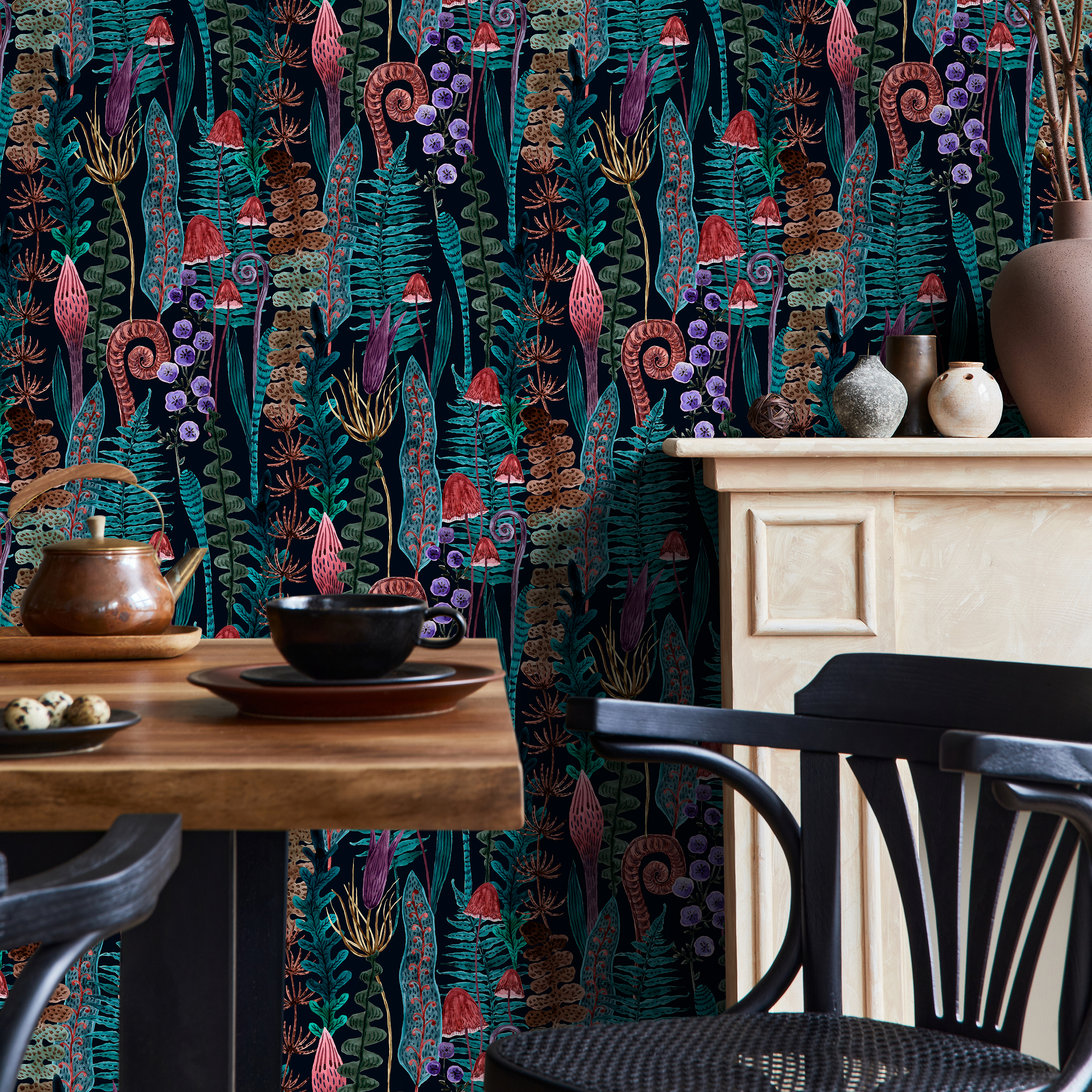 Botanical Wallpaper with Ferns and Wild Mushrooms in Teal, Brown, and Purple - A934 - Decor Addict, LLC