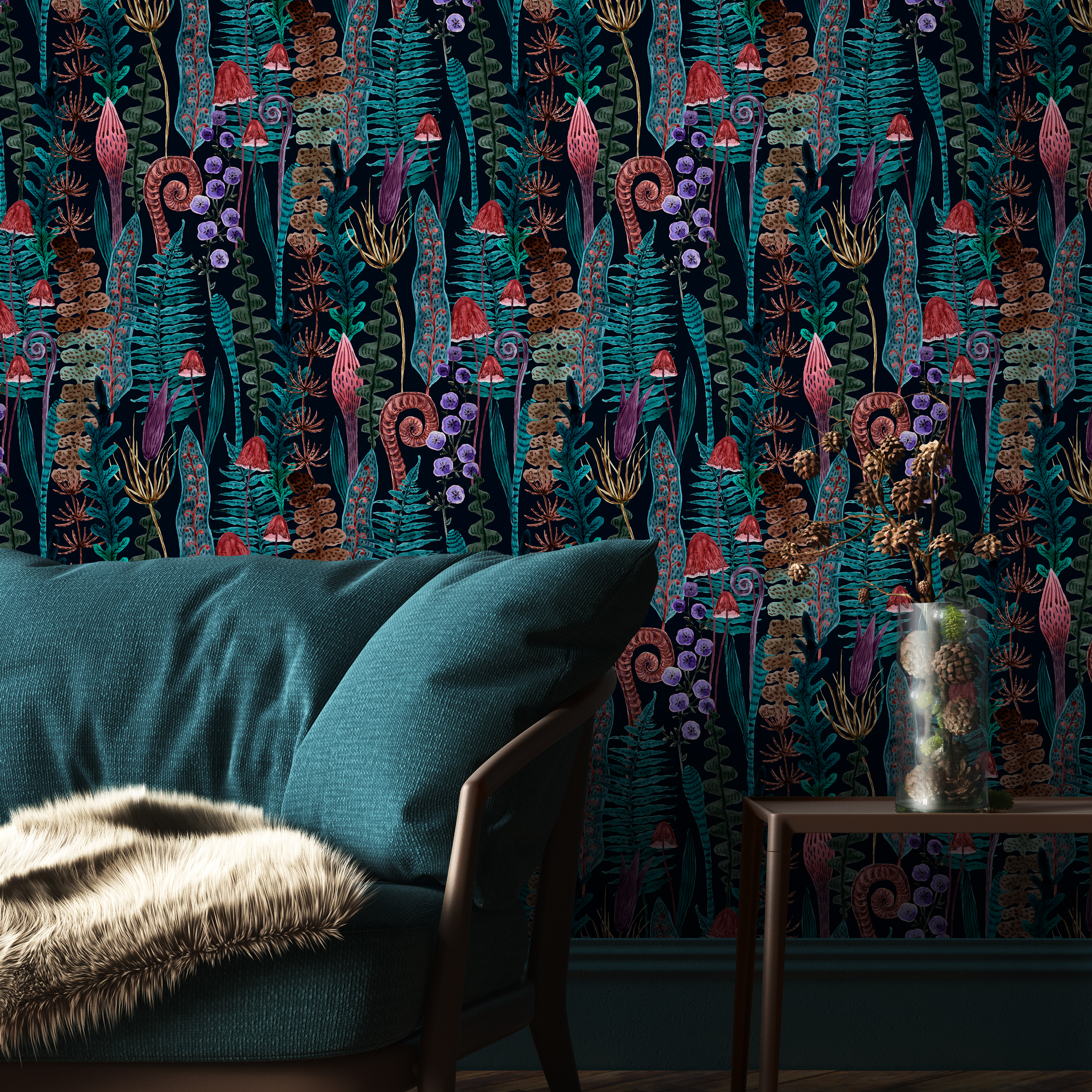 Botanical Wallpaper with Ferns and Wild Mushrooms in Teal, Brown, and Purple - A934 - Decor Addict, LLC