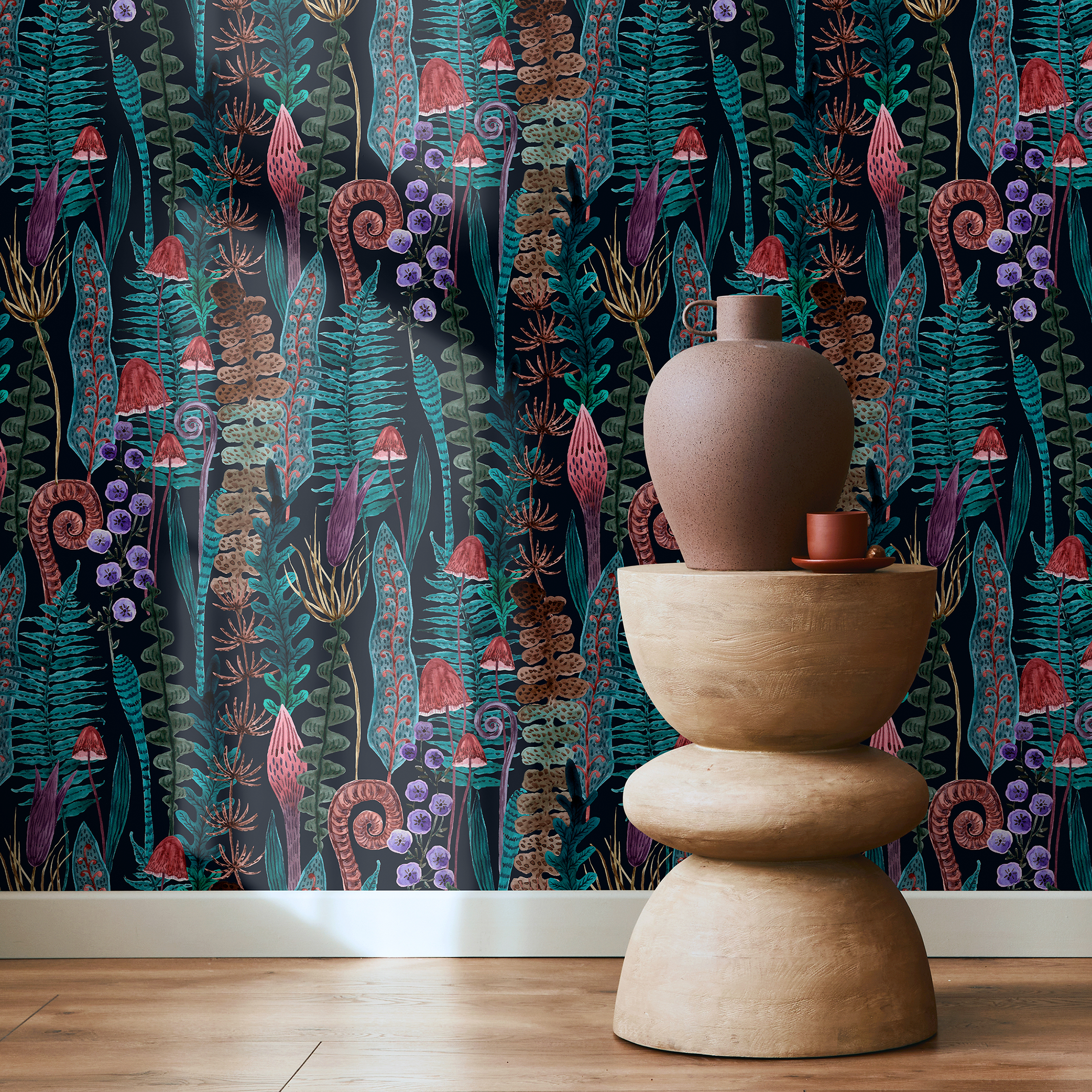 Botanical Wallpaper with Ferns and Wild Mushrooms in Teal, Brown, and Purple - A934 - Decor Addict, LLC
