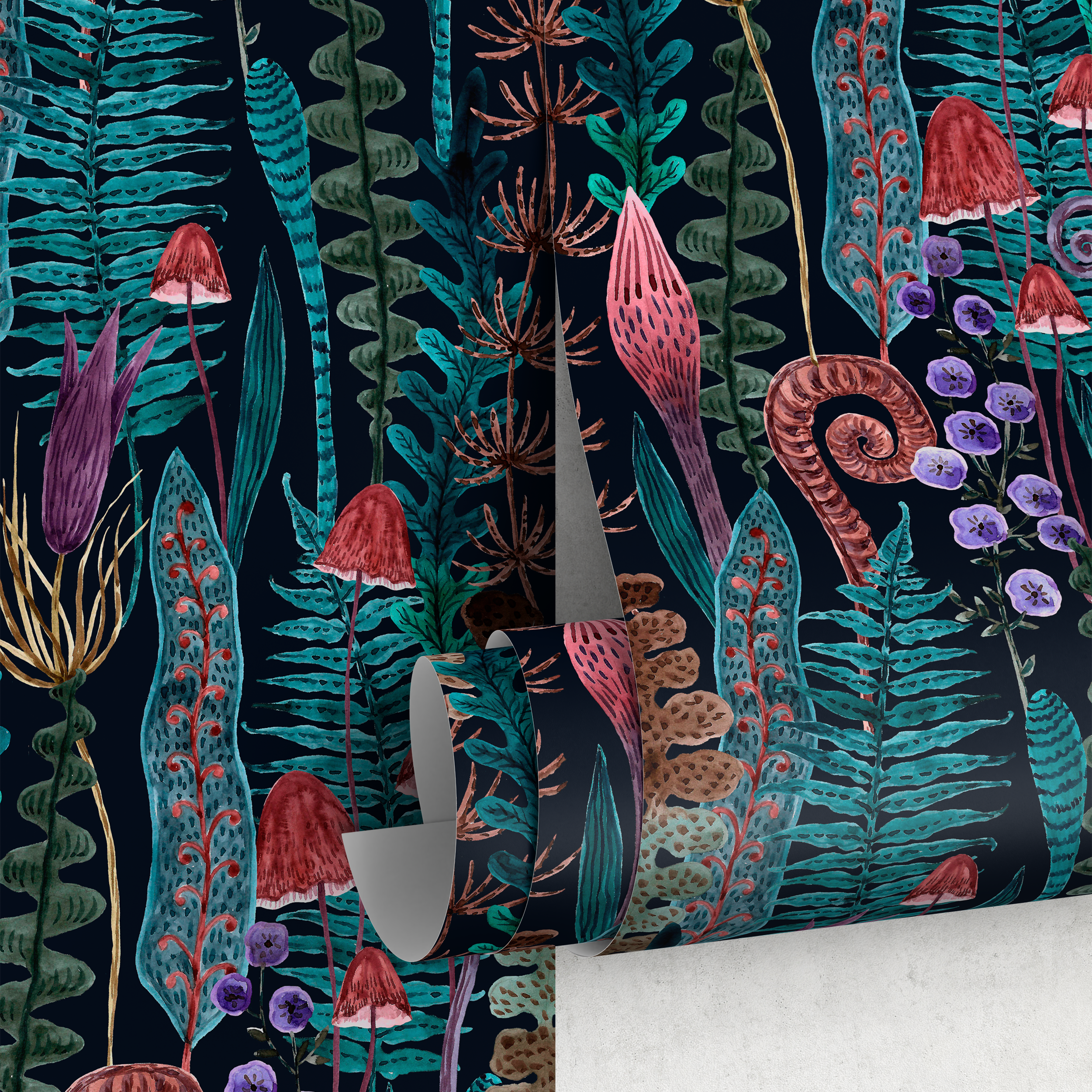Botanical Wallpaper with Ferns and Wild Mushrooms in Teal, Brown, and Purple - A934 - Decor Addict, LLC