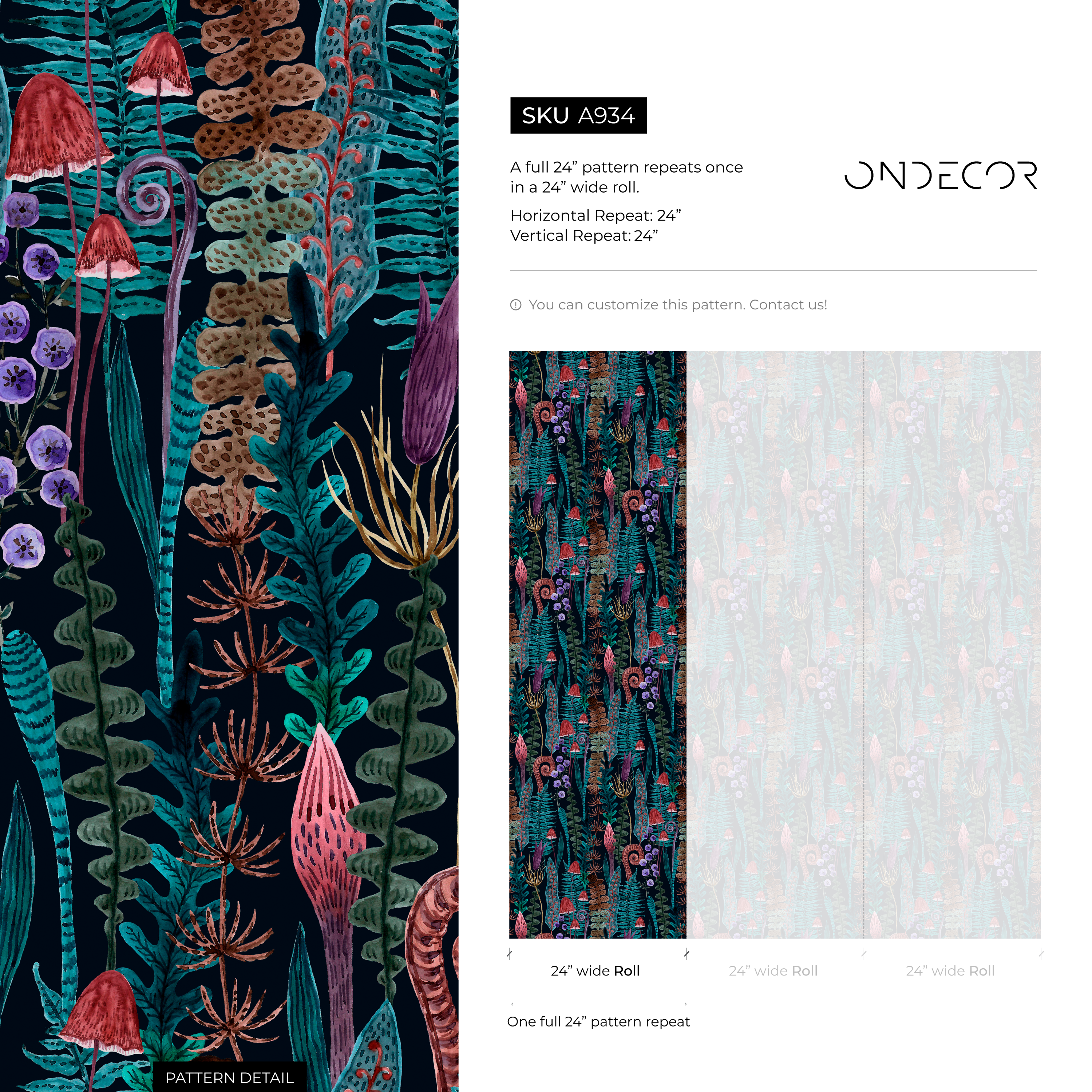 Botanical Wallpaper with Ferns and Wild Mushrooms in Teal, Brown, and Purple - A934 - Decor Addict, LLC