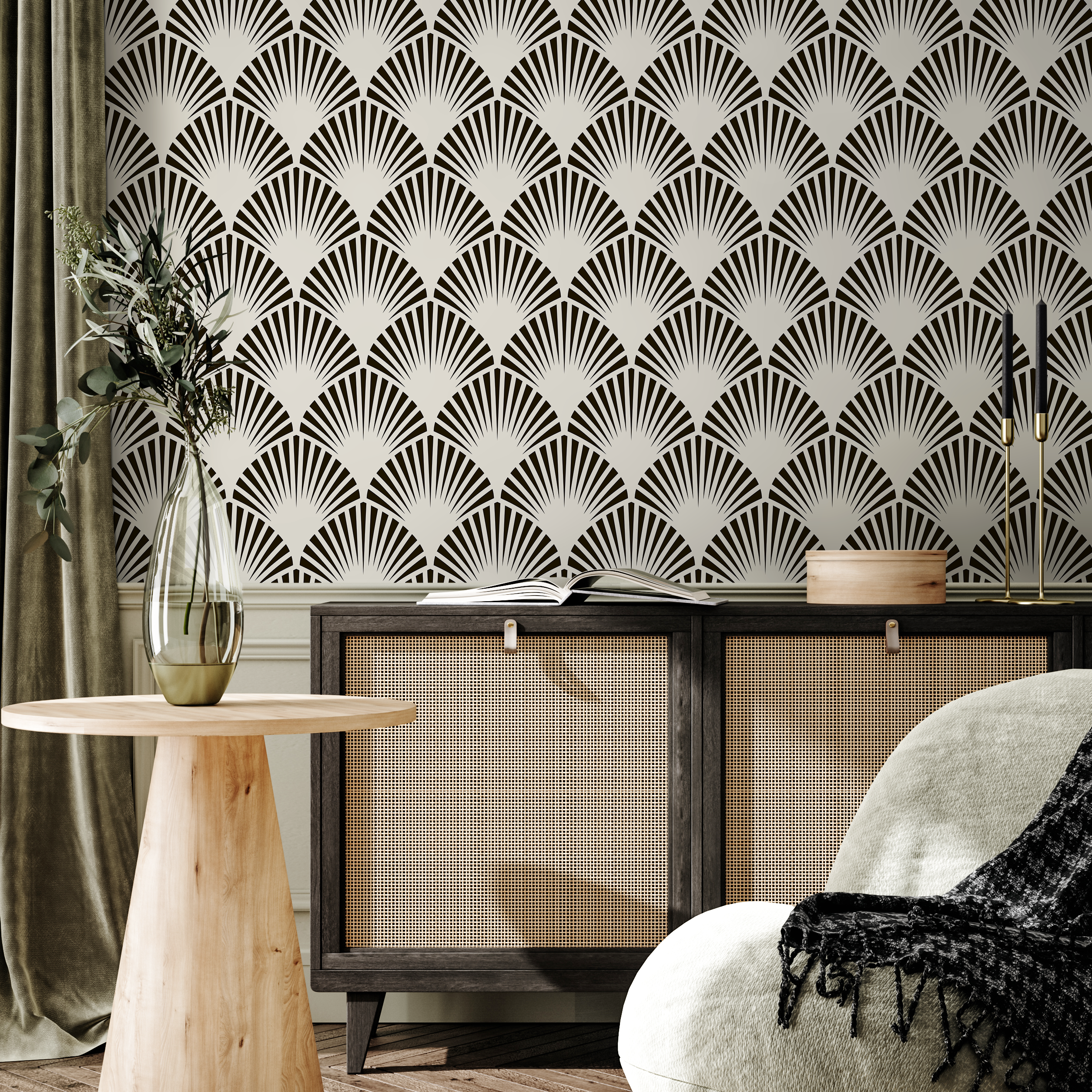 Art Deco Wallpaper with a Stylized Fan Motif in Black and Light Grey - B074 - Decor Addict, LLC