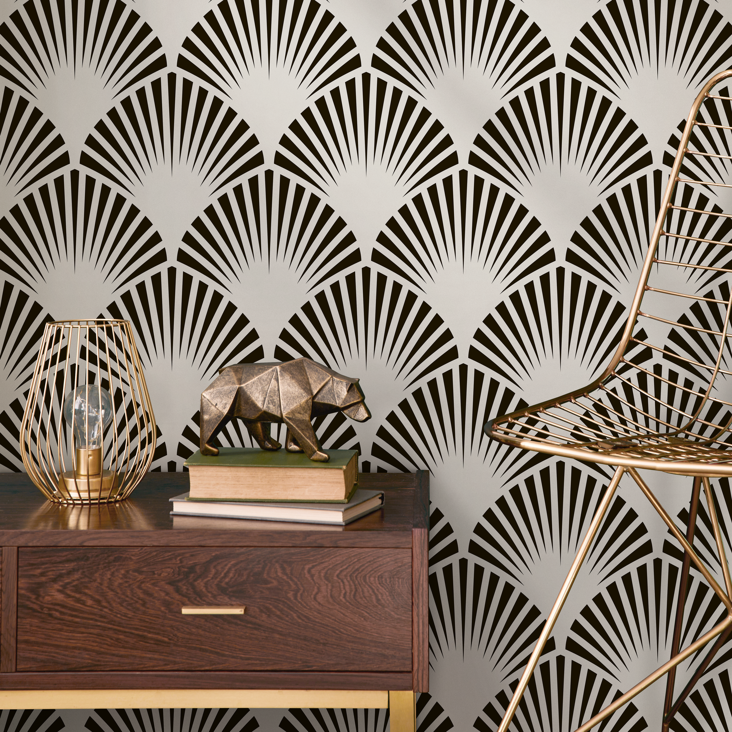 Art Deco Wallpaper with a Stylized Fan Motif in Black and Light Grey - B074 - Decor Addict, LLC