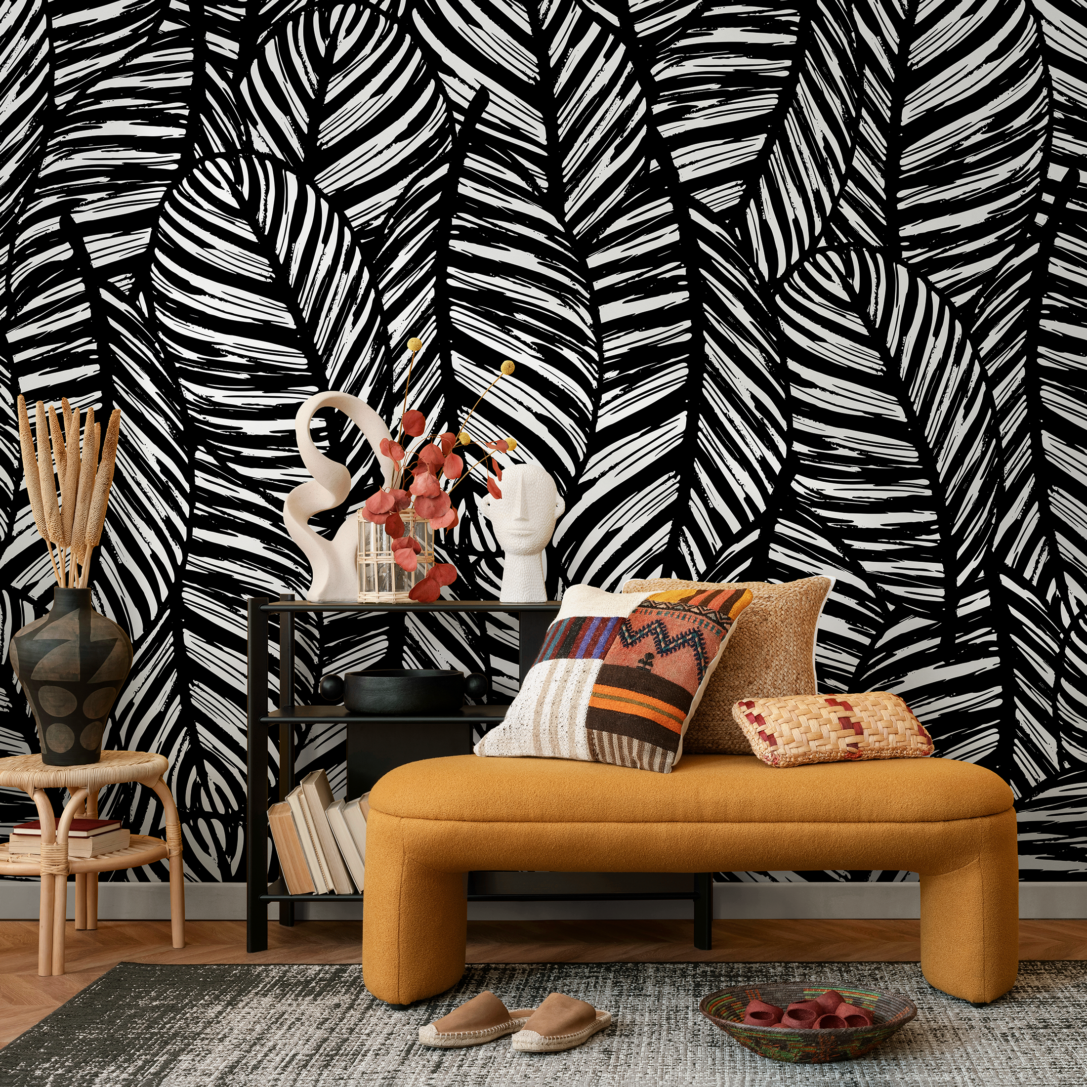 Botanical Wallpaper Featuring a Bold Palm Leaf Motif in Black and White - B624 - Decor Addict, LLC