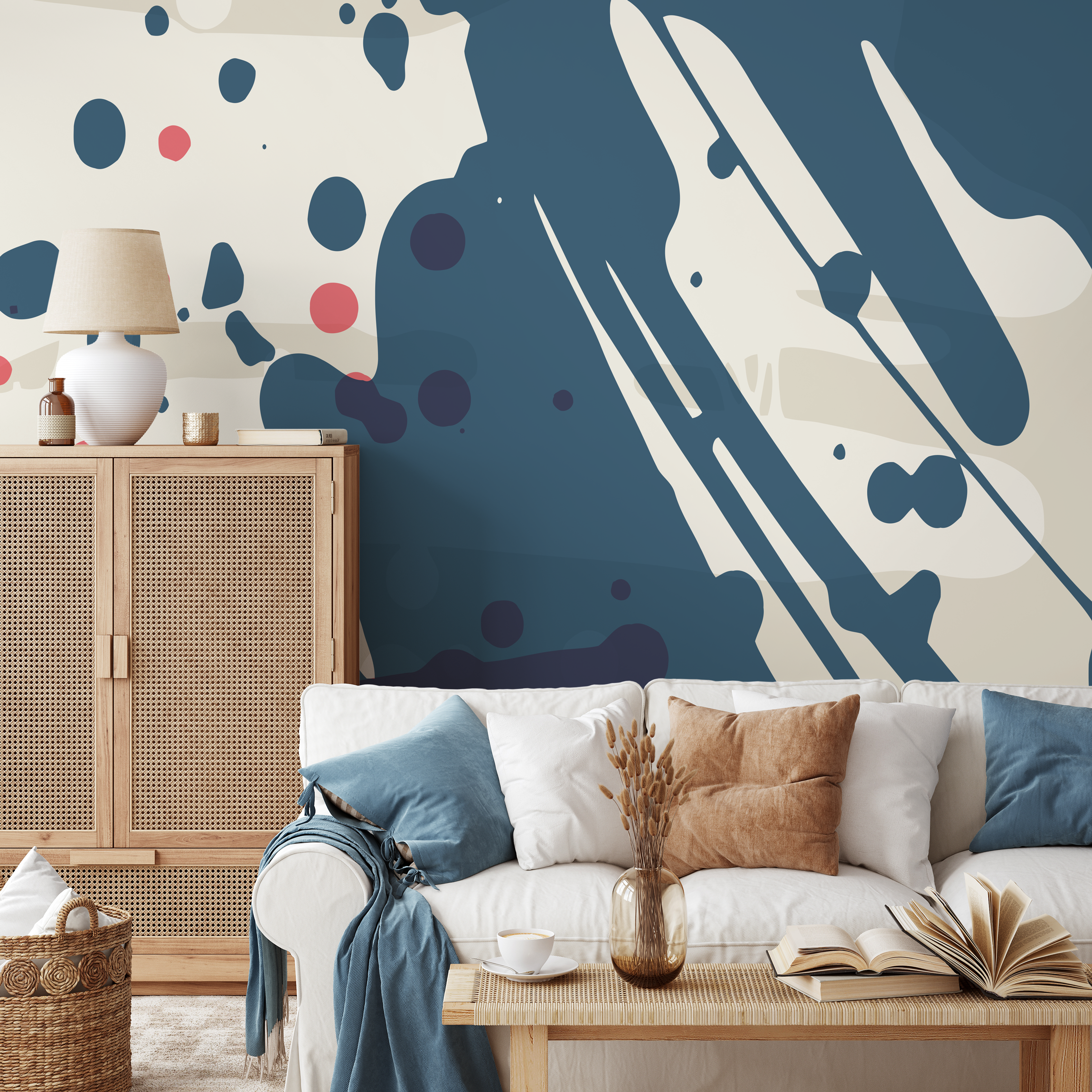 Abstract Wallpaper with Bold Paint Splatters in Blue, Pink, and Beige - B779 - Decor Addict, LLC
