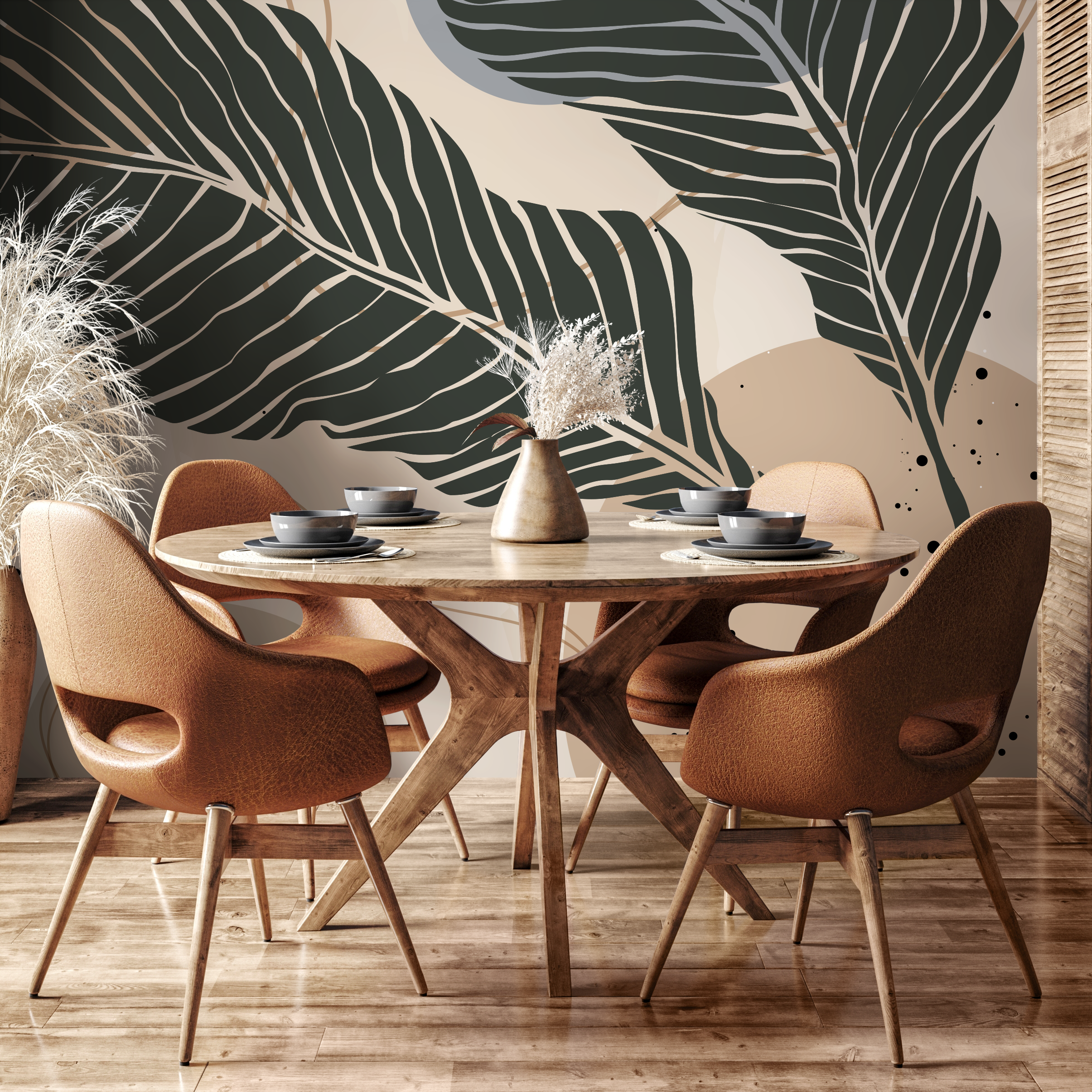 Botanical Wallpaper with Large Stylized Leaves in Charcoal, Beige, and Grey - B958 - Decor Addict, LLC