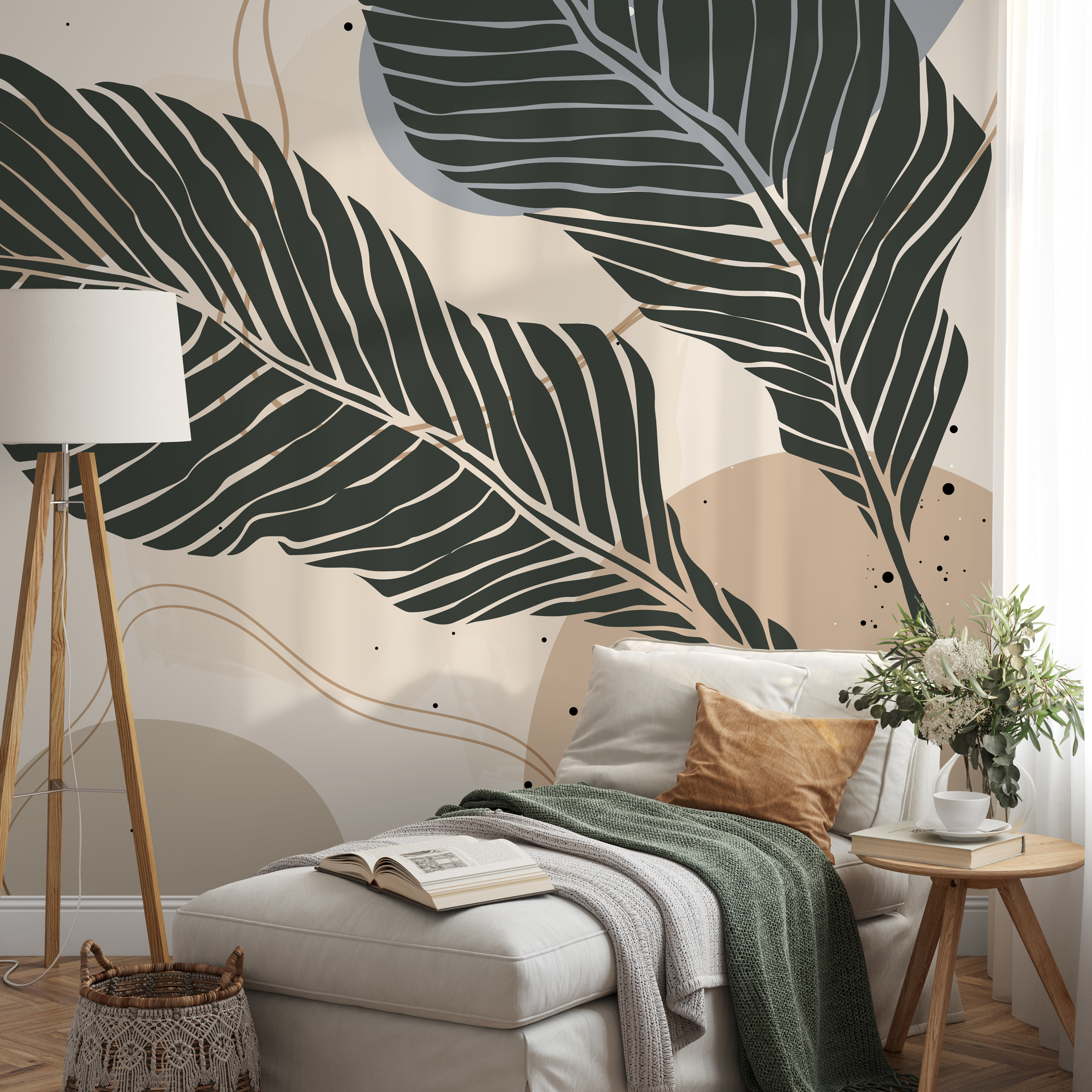 Botanical Wallpaper with Large Stylized Leaves in Charcoal, Beige, and Grey - B958 - Decor Addict, LLC