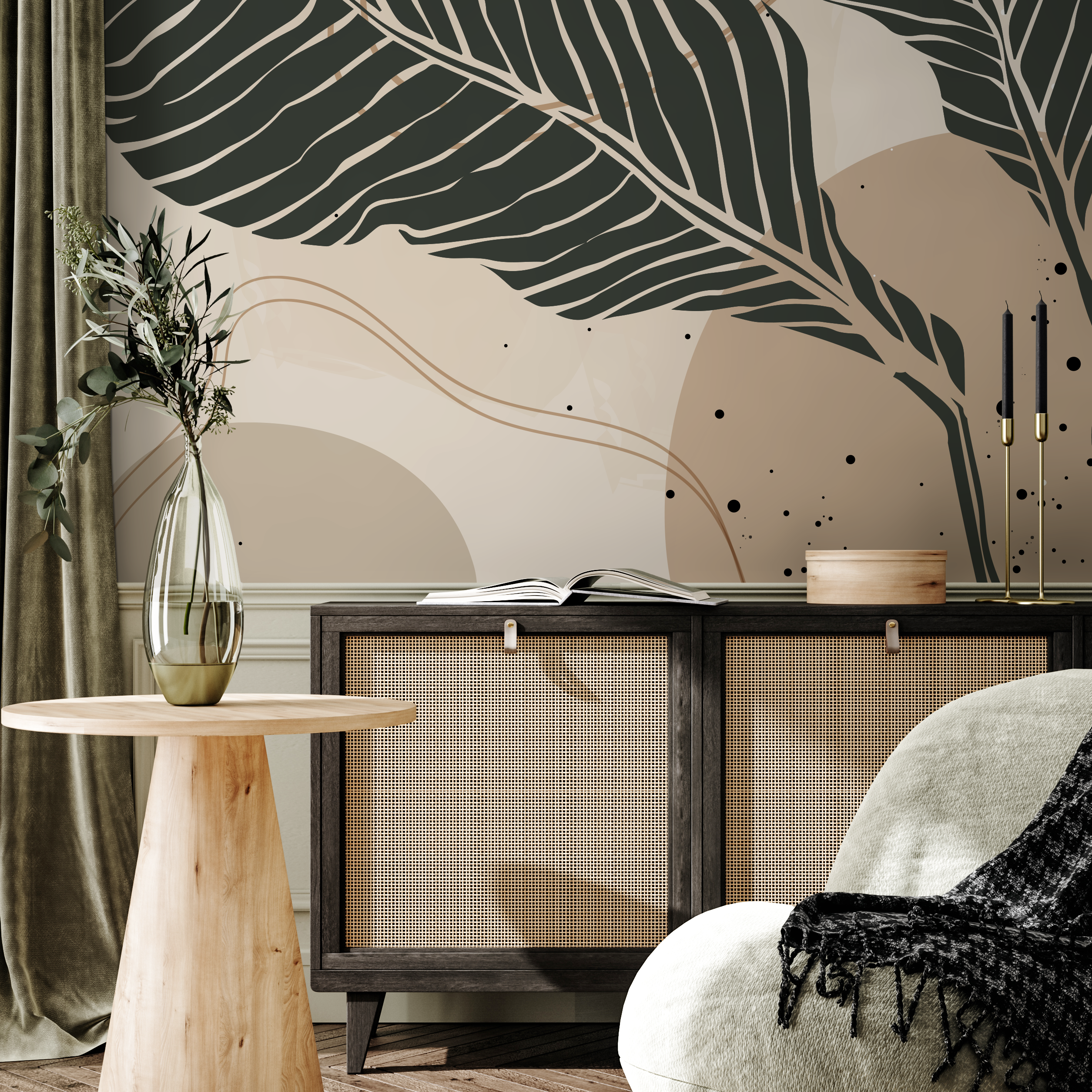 Botanical Wallpaper with Large Stylized Leaves in Charcoal, Beige, and Grey - B958 - Decor Addict, LLC