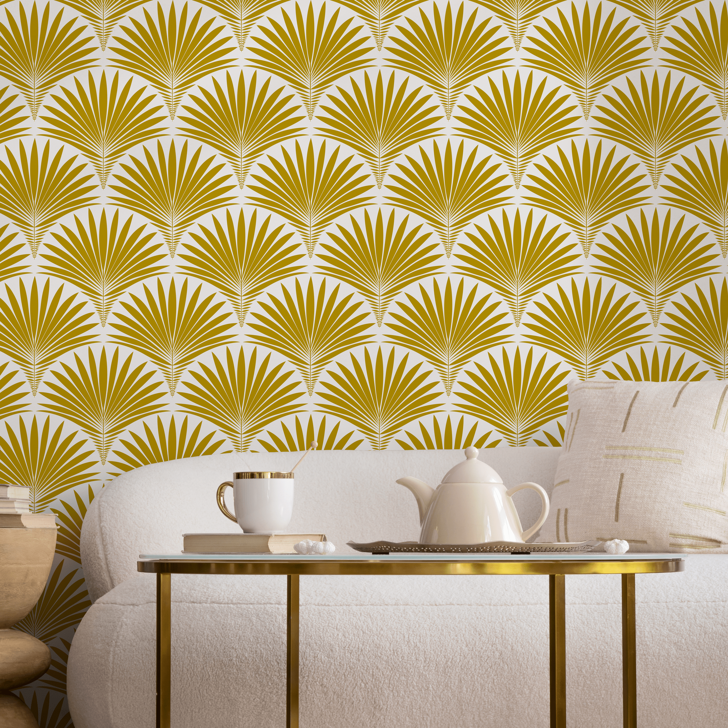 Art Deco Wallpaper with a Stylized Palm Frond Motif in Mustard Yellow - B987 - Decor Addict, LLC