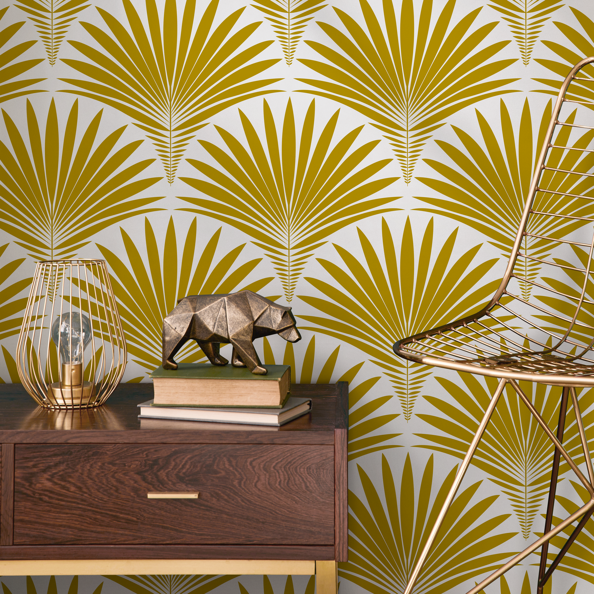 Art Deco Wallpaper with a Stylized Palm Frond Motif in Mustard Yellow - B987 - Decor Addict, LLC