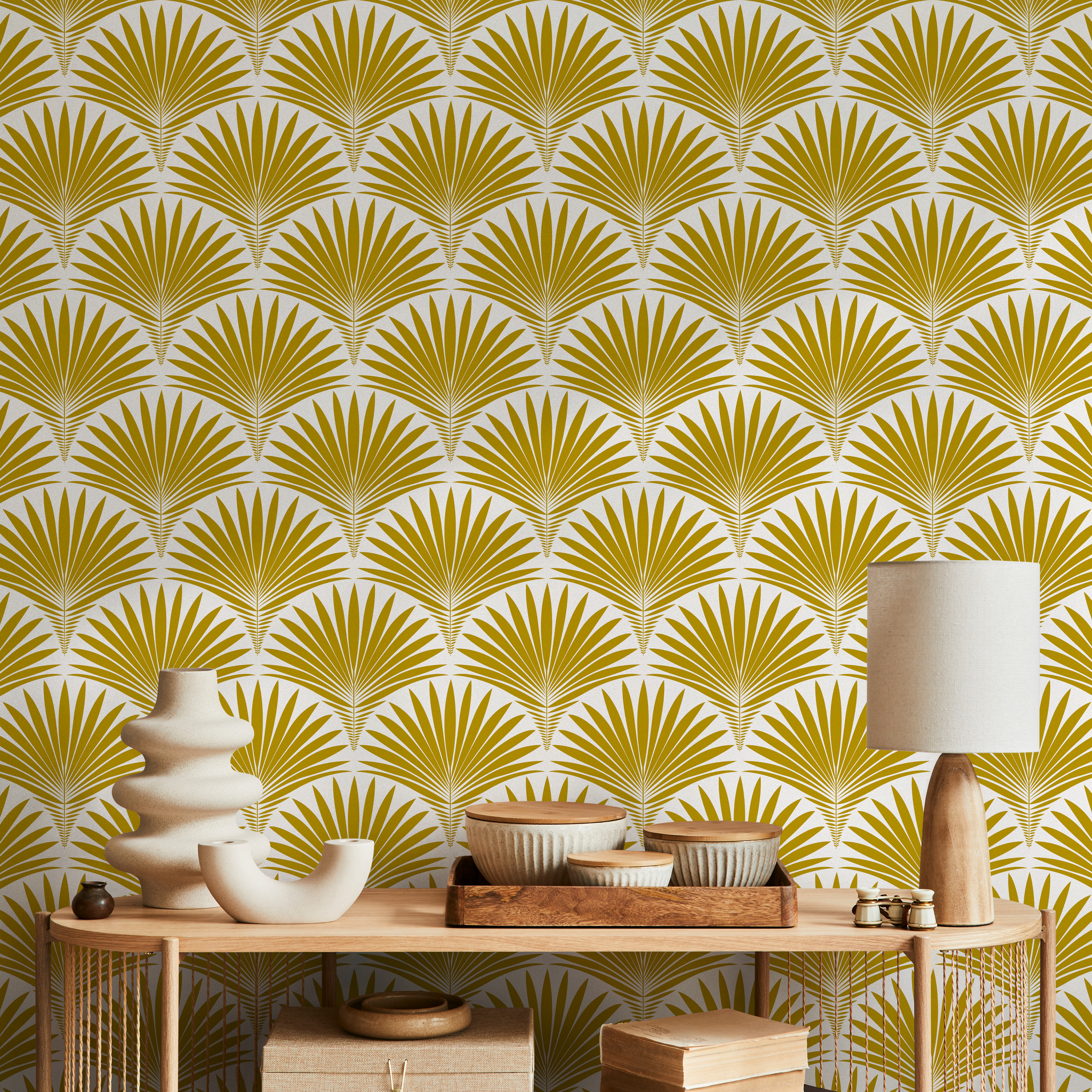 Art Deco Wallpaper with a Stylized Palm Frond Motif in Mustard Yellow - B987 - Decor Addict, LLC