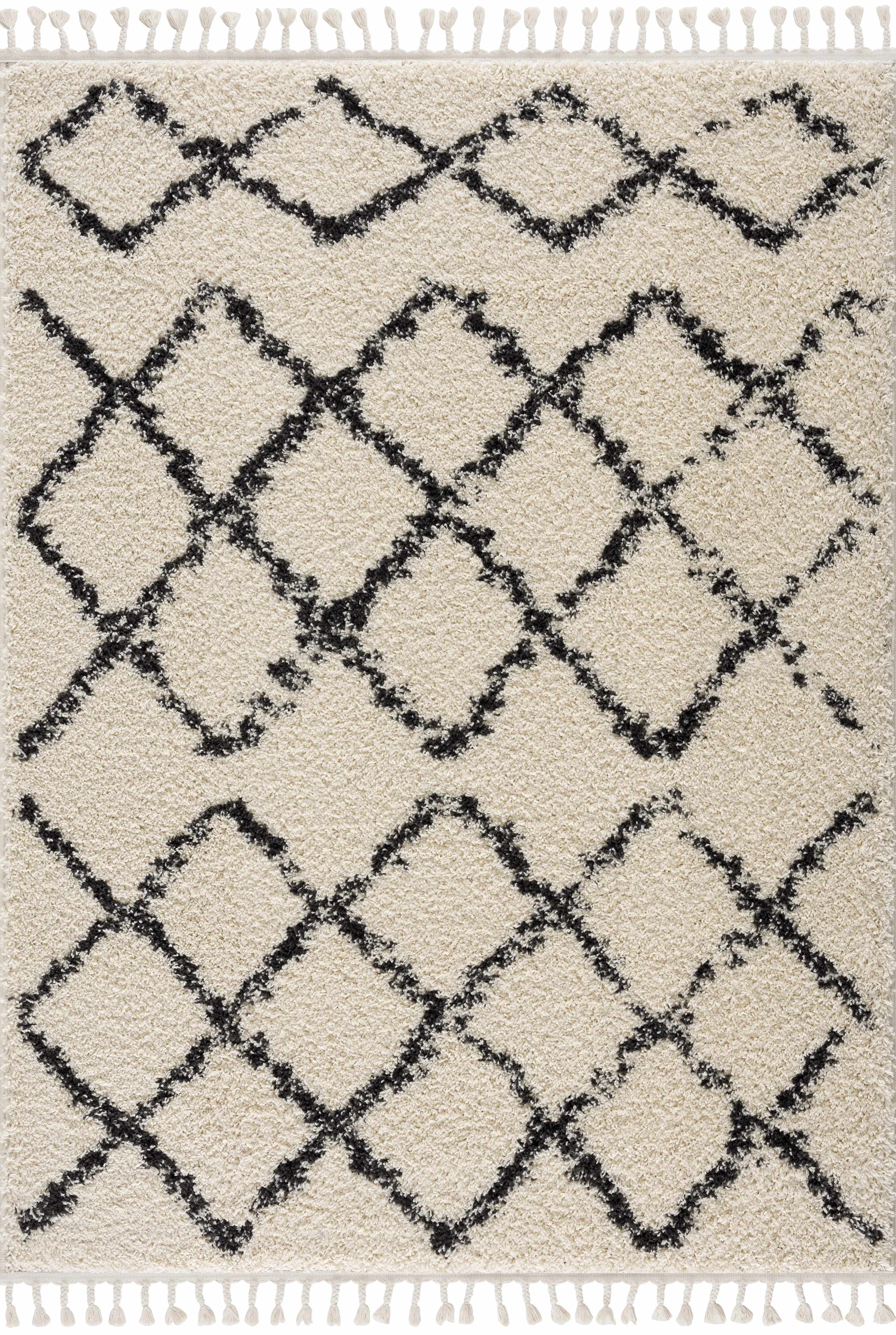 Wallagrass Beige/Black Trellis Tassel Shag - Decor Addict, LLC