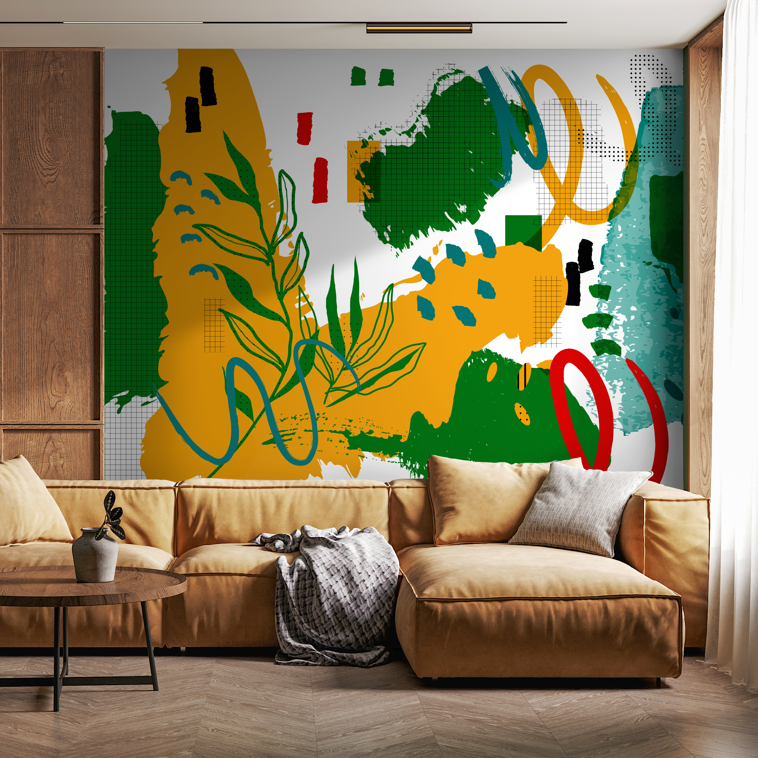 Abstract Wallpaper with a Collage of Shapes and Lines in Mustard, Green, and Red - C013 - Decor Addict, LLC