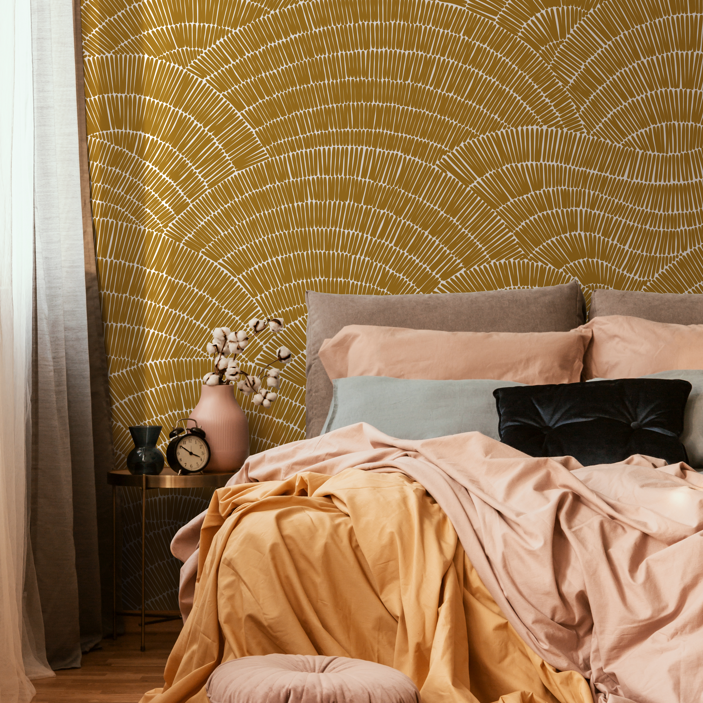 Abstract Wallpaper with a Hand-Drawn Fan Motif in Mustard and White - C025 - Decor Addict, LLC