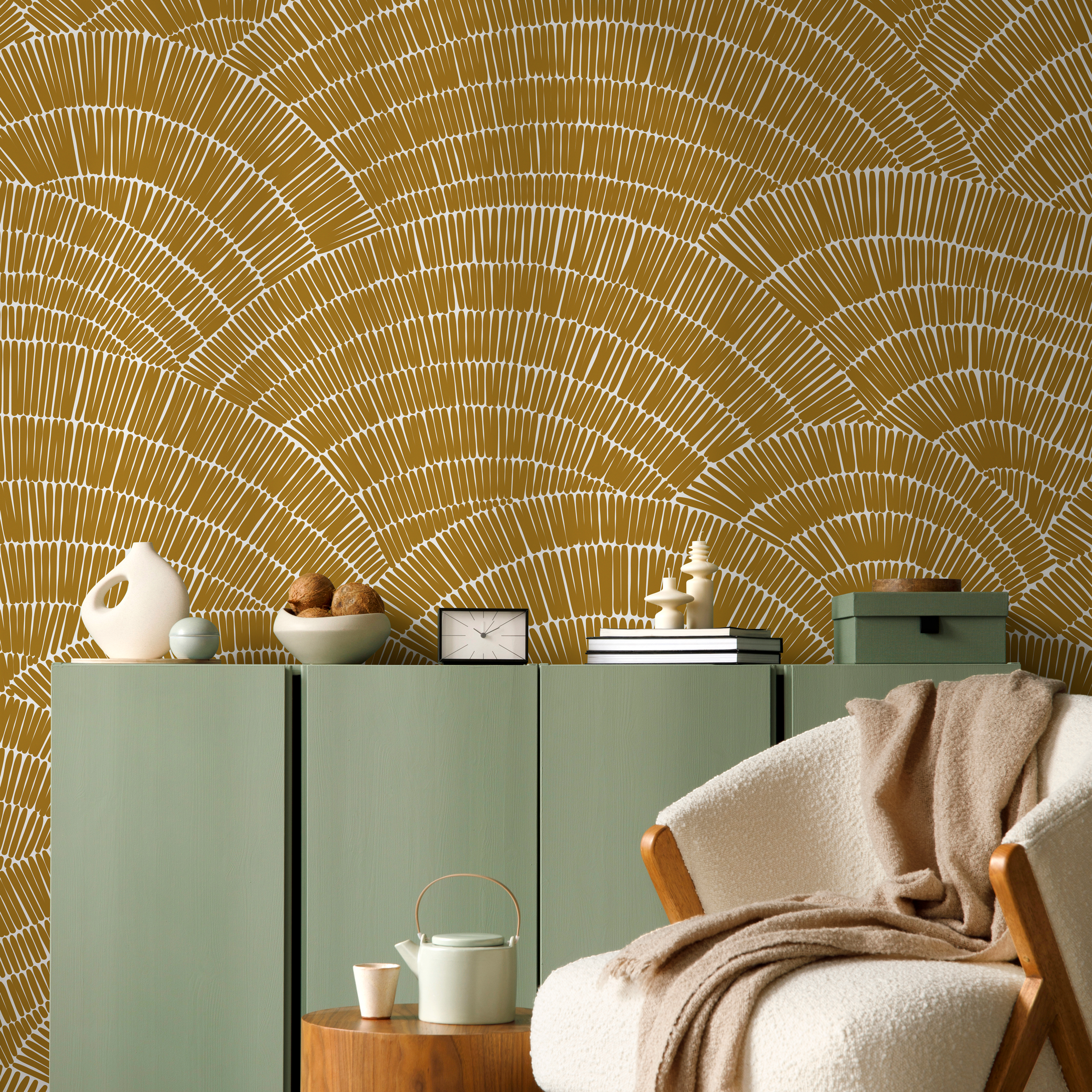 Abstract Wallpaper with a Hand-Drawn Fan Motif in Mustard and White - C025 - Decor Addict, LLC