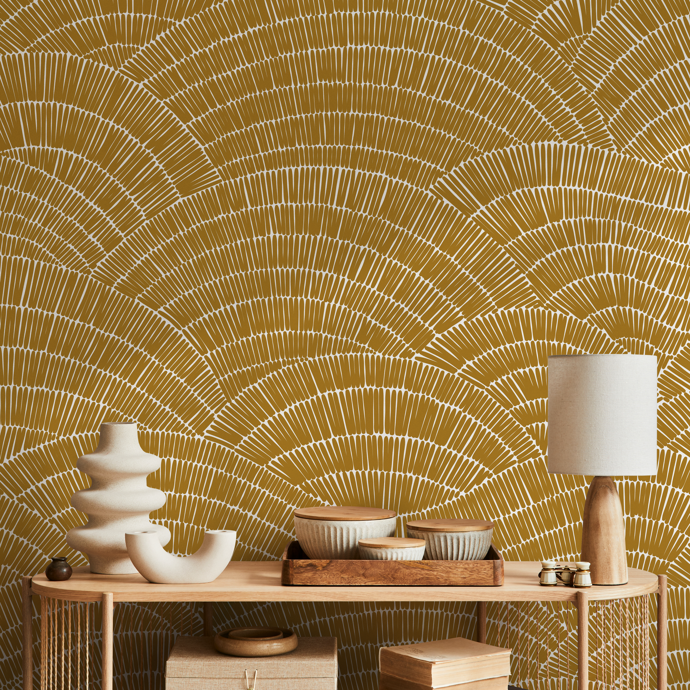 Abstract Wallpaper with a Hand-Drawn Fan Motif in Mustard and White - C025 - Decor Addict, LLC