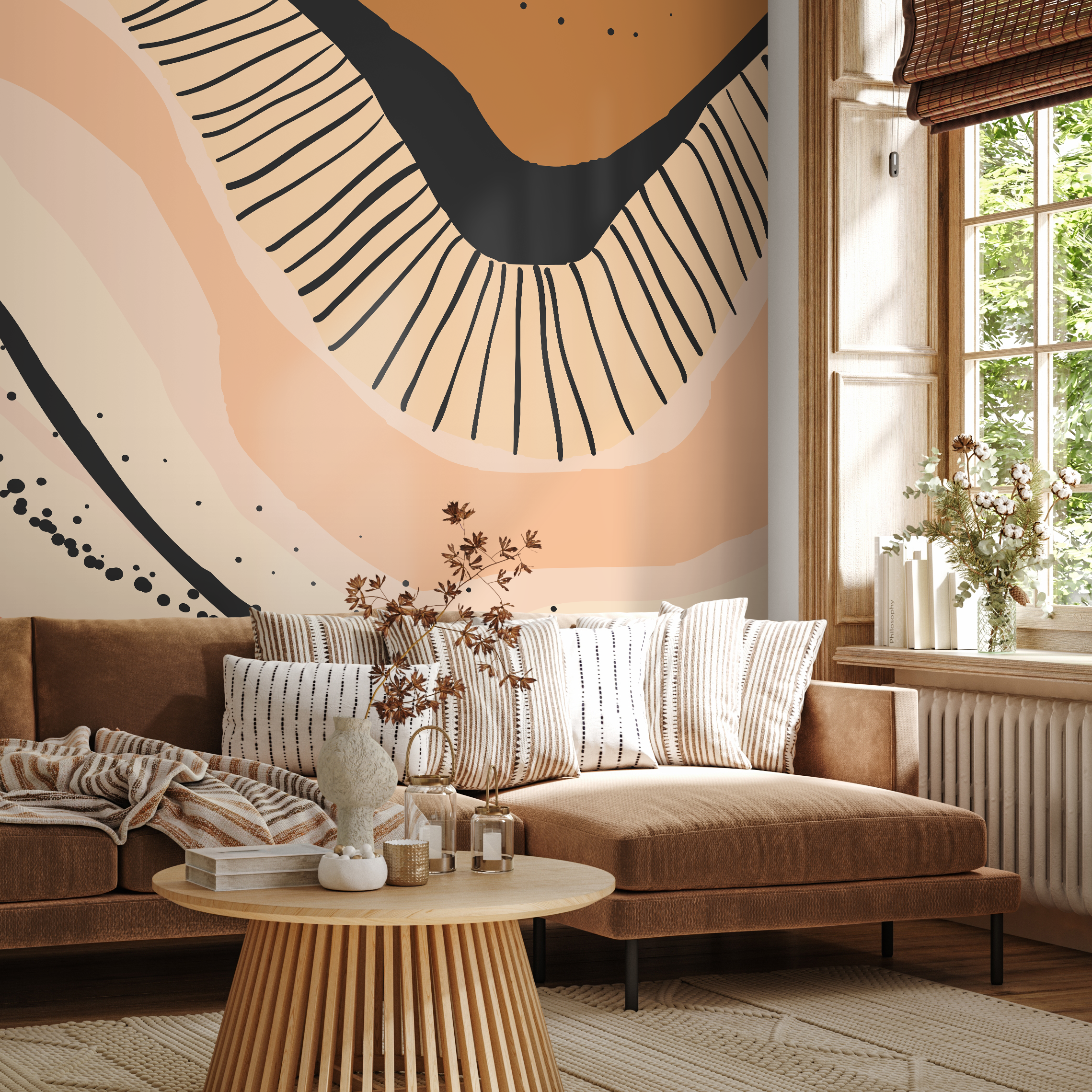 Abstract Wallpaper with an Organic Motif in Orange, Black, and Beige - C413 - Decor Addict, LLC