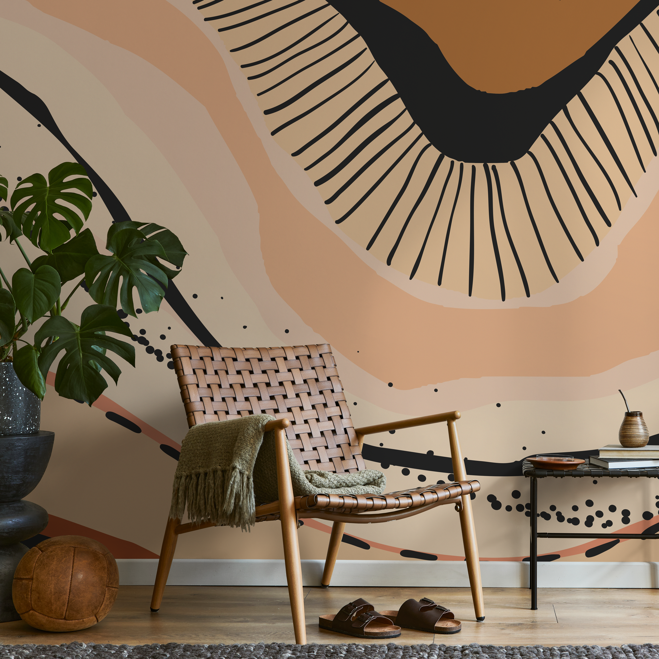 Abstract Wallpaper with an Organic Motif in Orange, Black, and Beige - C413 - Decor Addict, LLC