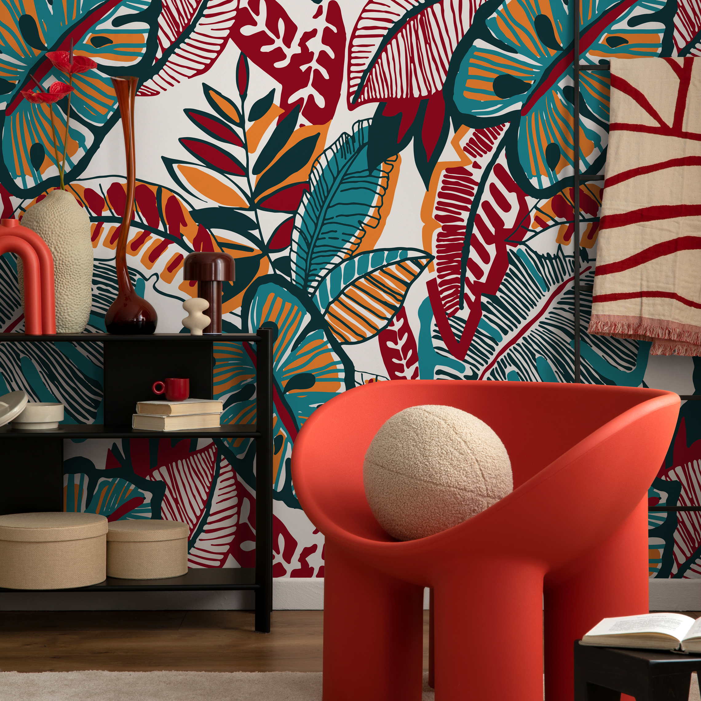 Botanical Wallpaper Featuring Stylized Leaves in Red, Teal, and Orange - C430 - Decor Addict, LLC