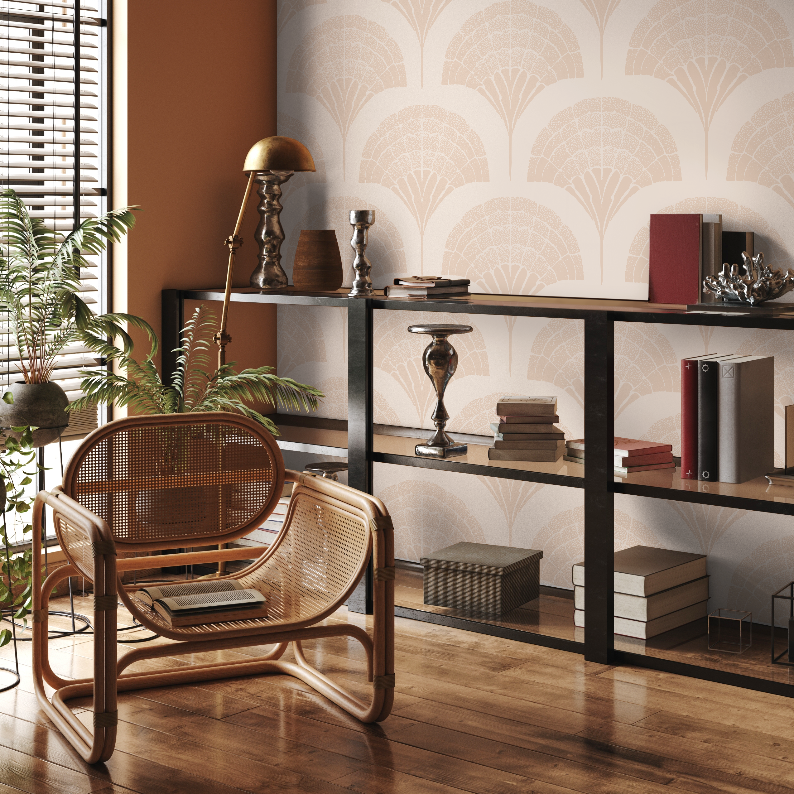 Art Deco Wallpaper with a Stylized Fan Motif in Beige and Cream - C500 - Decor Addict, LLC