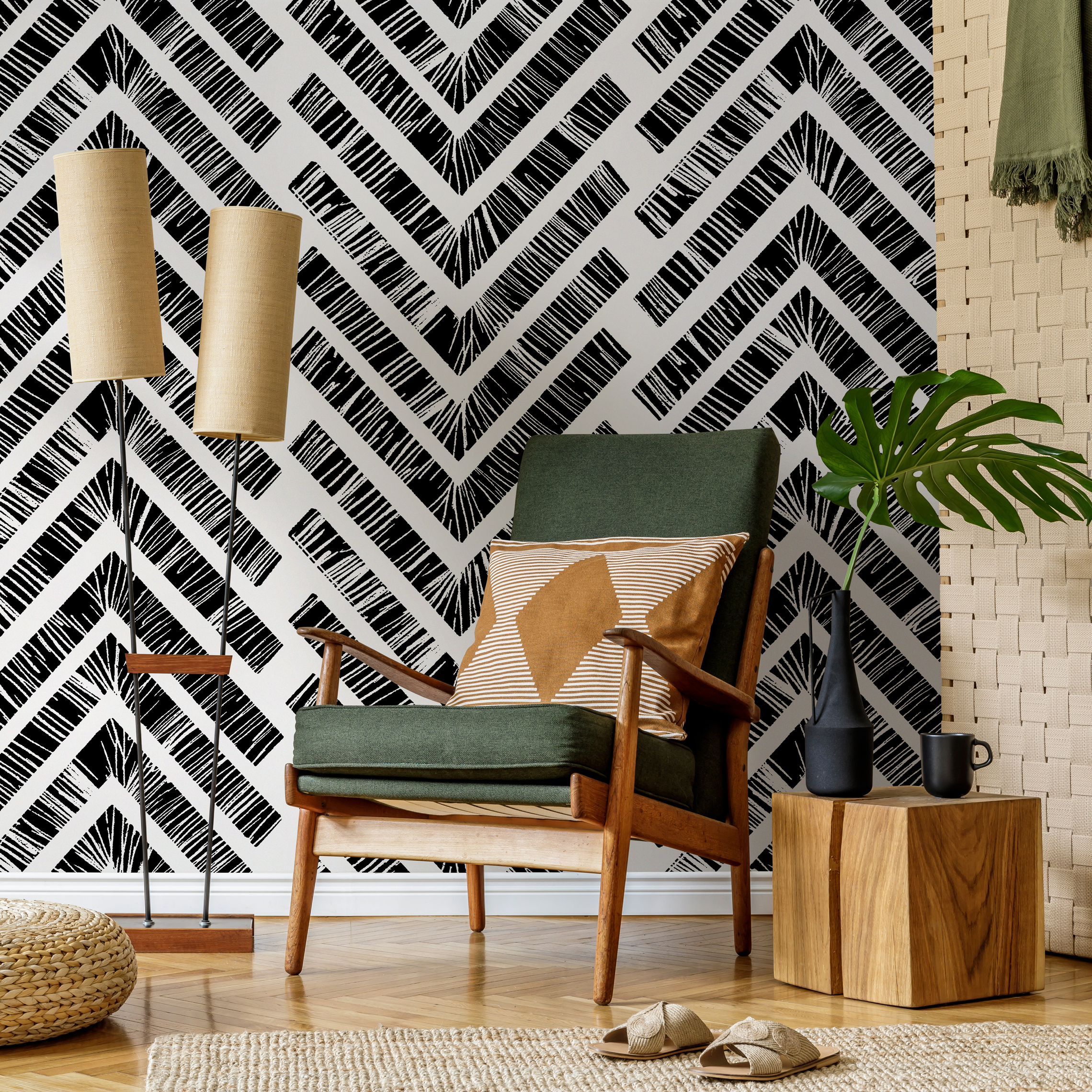 Chevron Wallpaper with a Hand-Drawn Motif in Black and White - C514 - Decor Addict, LLC