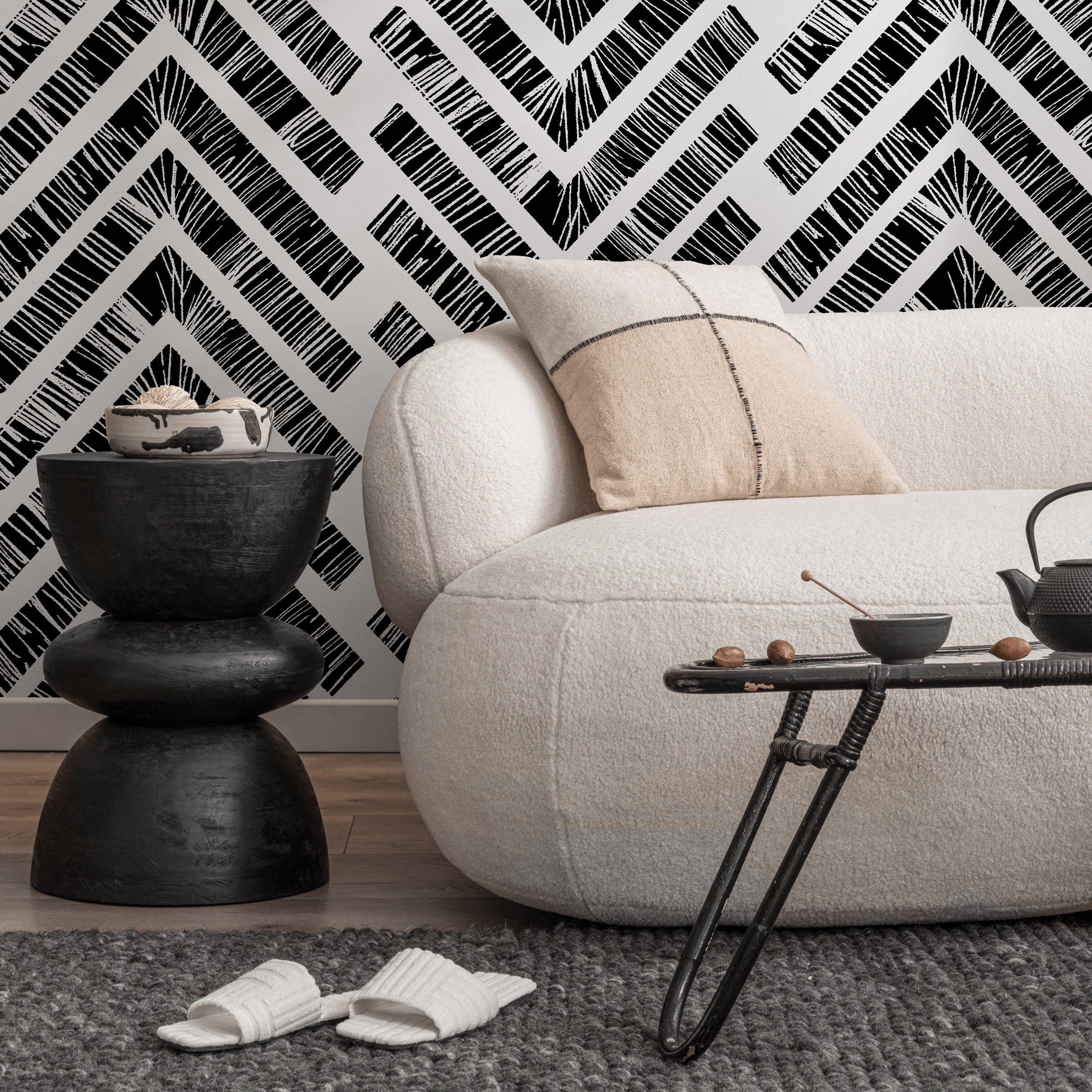 Chevron Wallpaper with a Hand-Drawn Motif in Black and White - C514 - Decor Addict, LLC