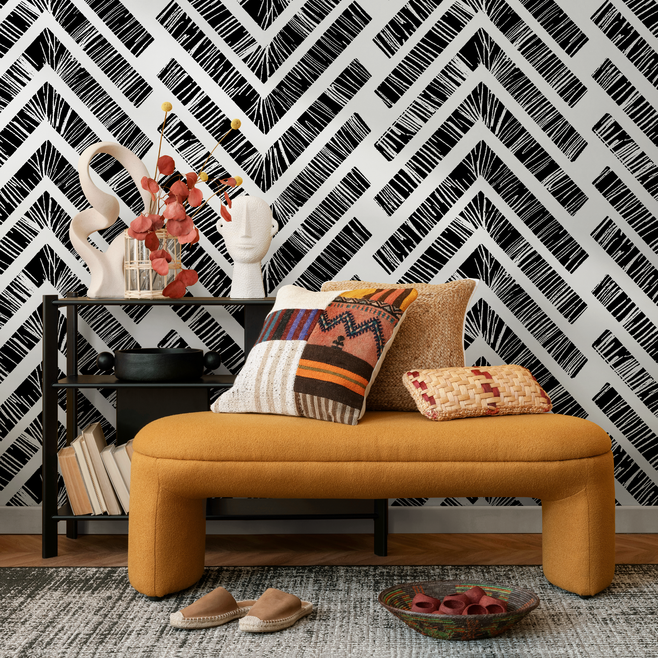 Chevron Wallpaper with a Hand-Drawn Motif in Black and White - C514 - Decor Addict, LLC