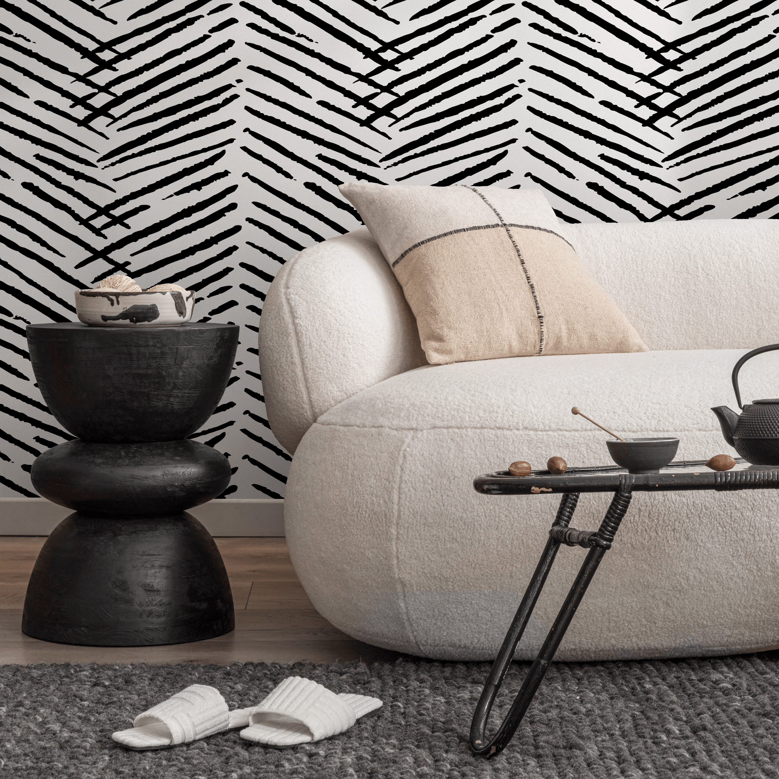 Boho Wallpaper with a Hand-Drawn Herringbone Motif in Black and White - C518 - Decor Addict, LLC