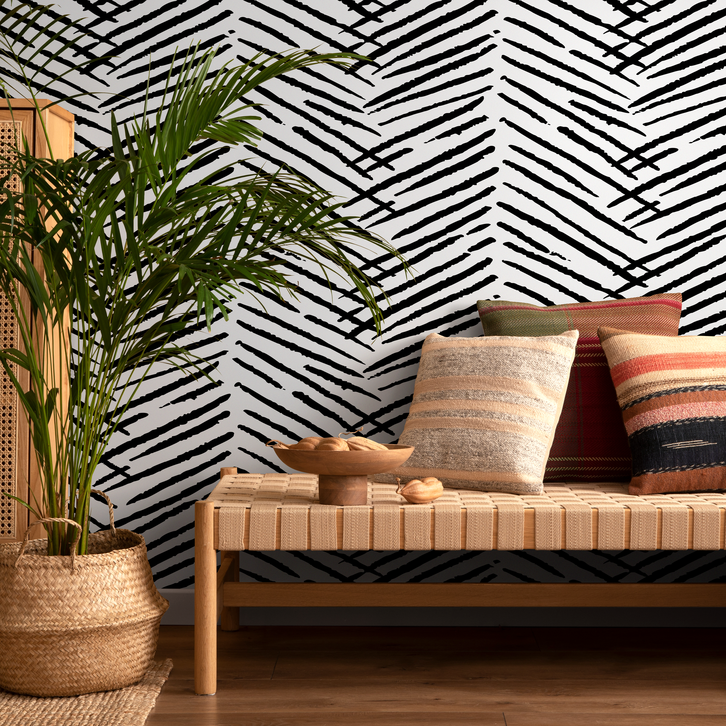 Boho Wallpaper with a Hand-Drawn Herringbone Motif in Black and White - C518 - Decor Addict, LLC