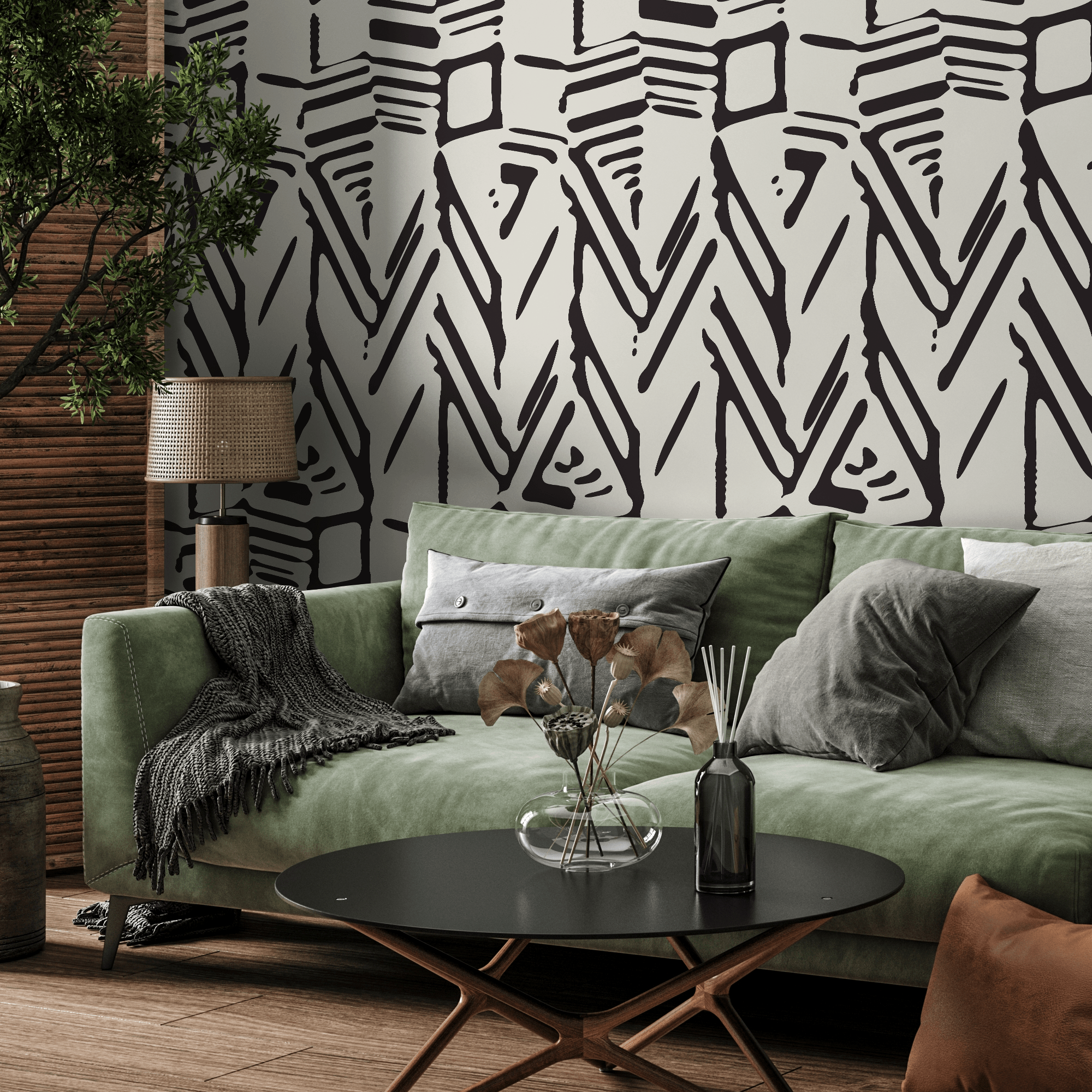 Abstract Wallpaper with a Bold Block Print Motif in Black and Beige - C568 - Decor Addict, LLC