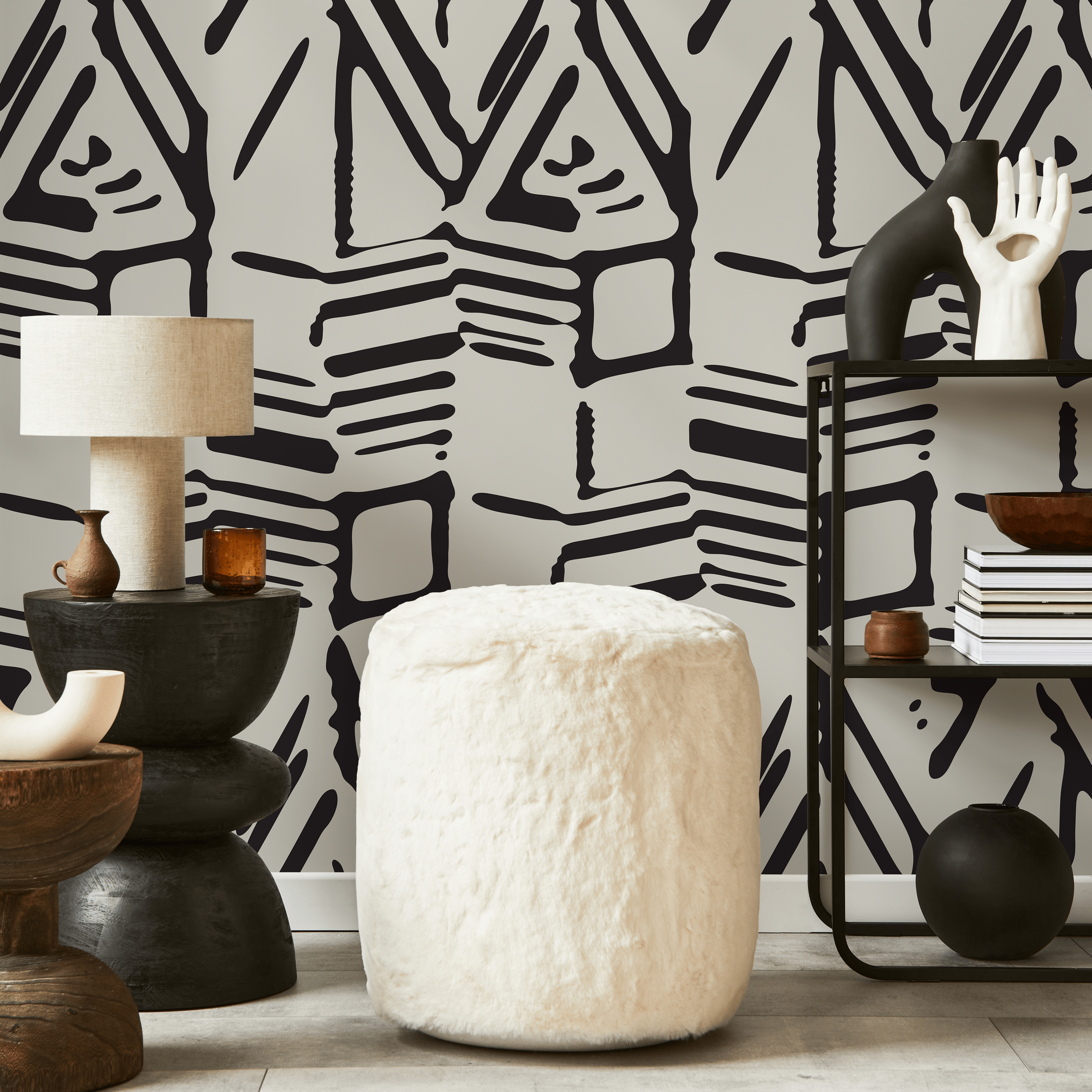Abstract Wallpaper with a Bold Block Print Motif in Black and Beige - C568 - Decor Addict, LLC
