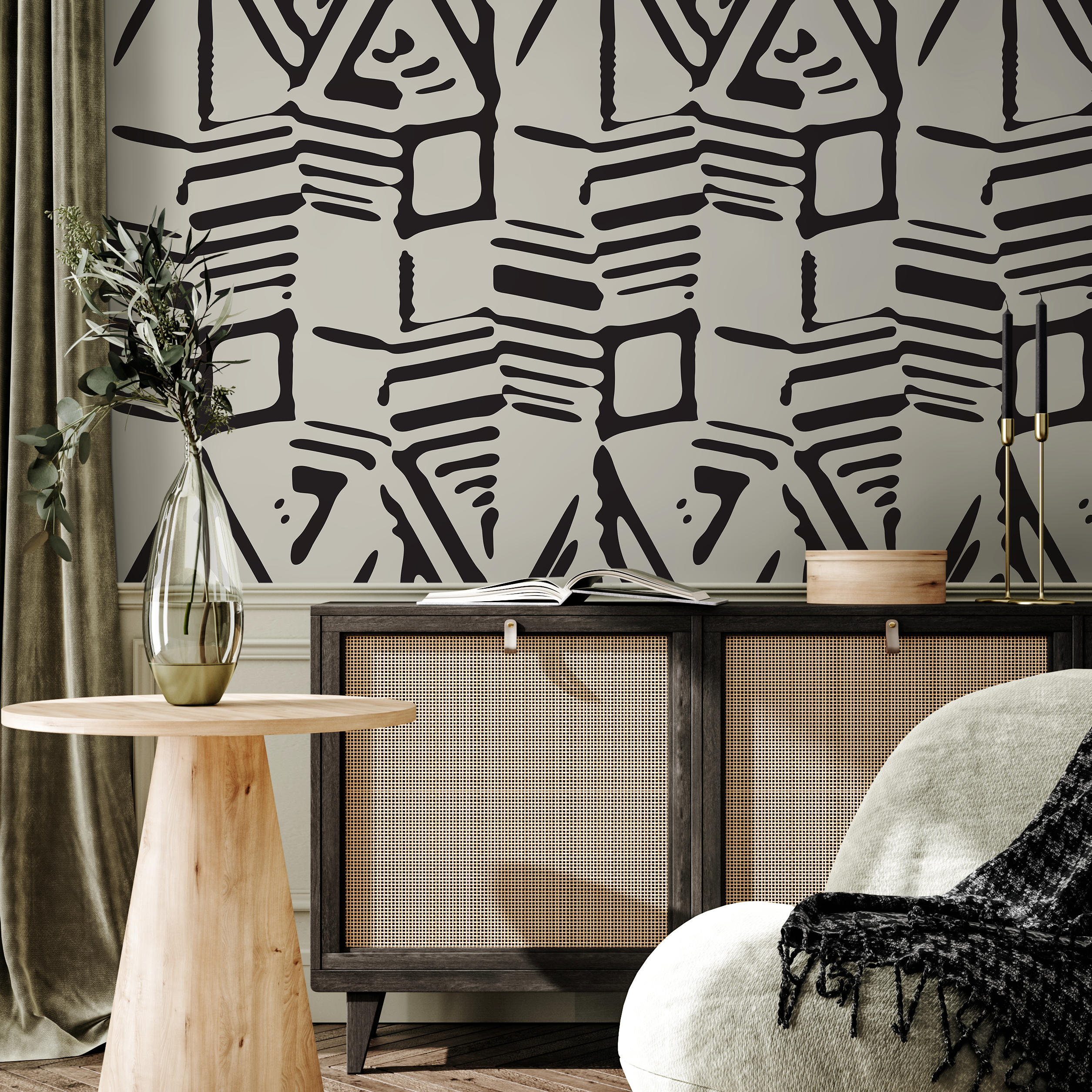 Abstract Wallpaper with a Bold Block Print Motif in Black and Beige - C568 - Decor Addict, LLC