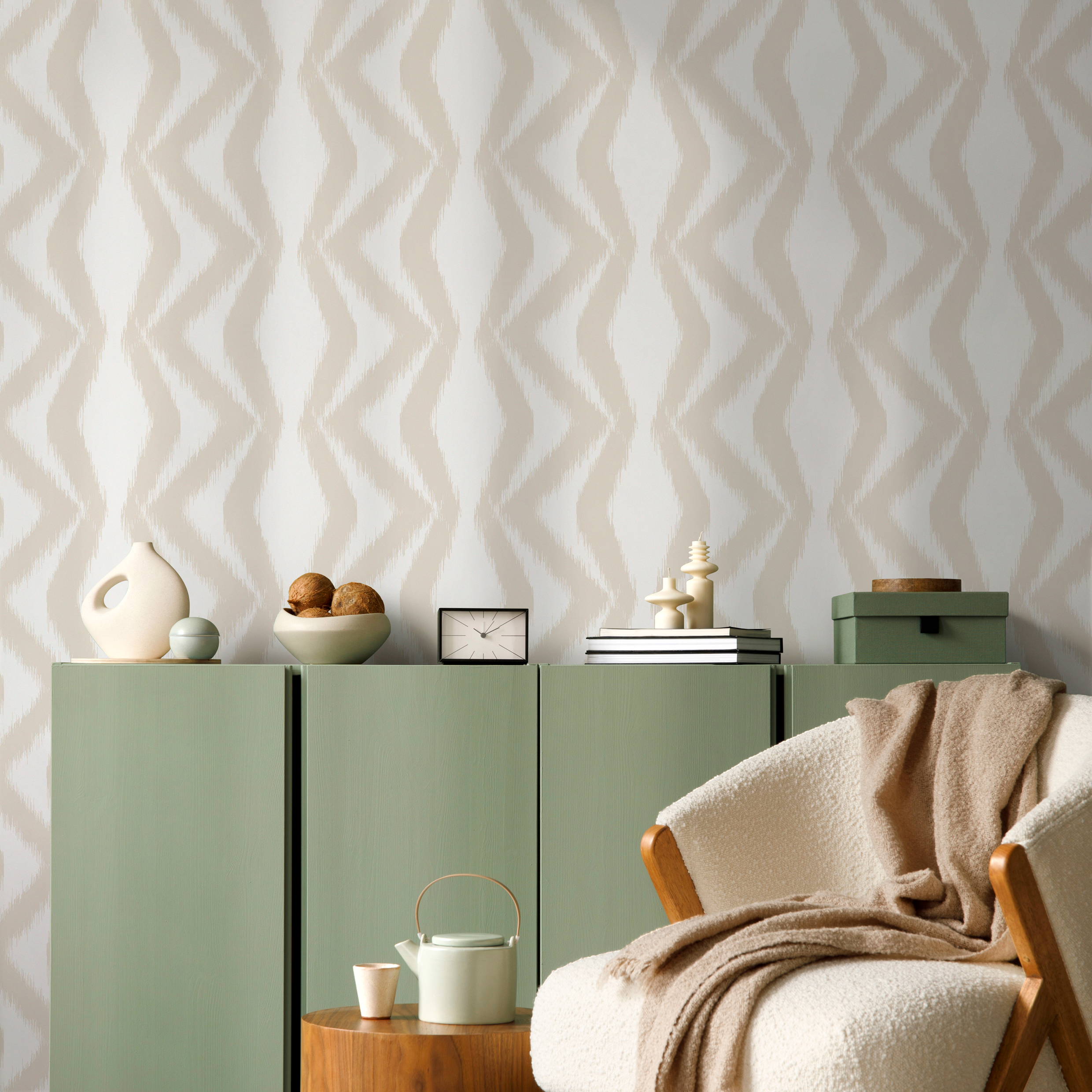 Abstract Wallpaper with a Boho Ikat Motif in Beige and White - C754 - Decor Addict, LLC