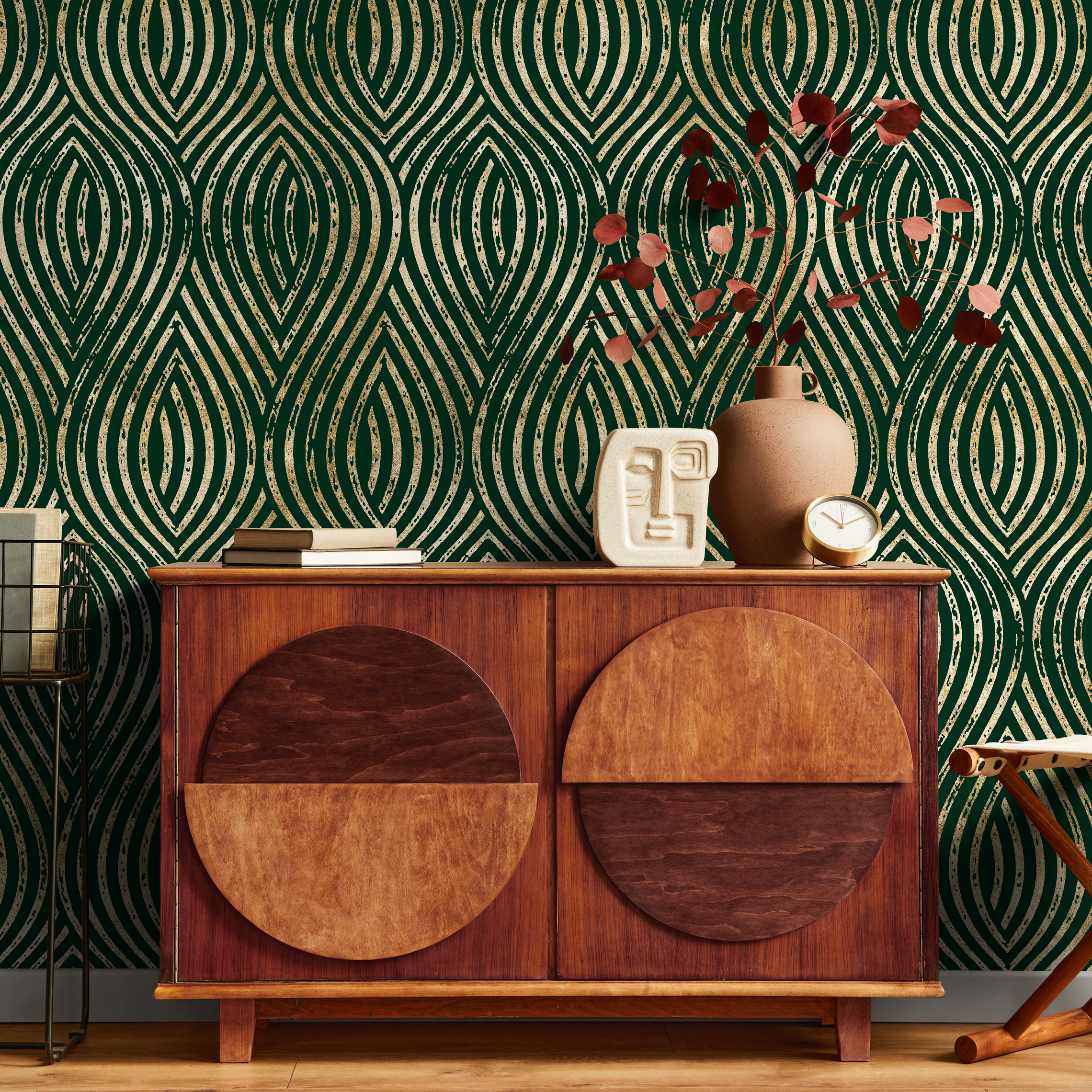 Art Deco Wallpaper with Distressed Gold Arches in Green and Gold - C878 - Decor Addict, LLC