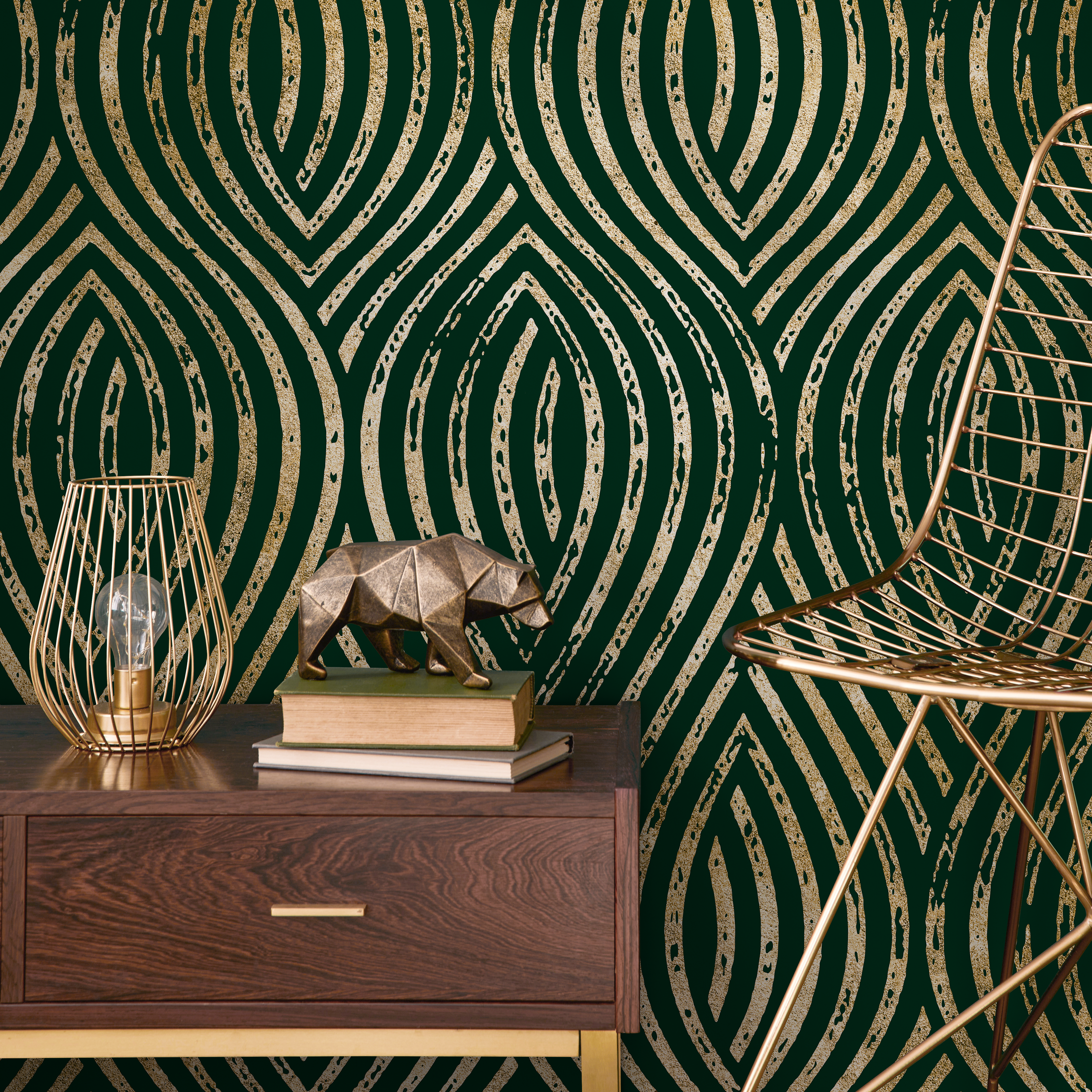Art Deco Wallpaper with Distressed Gold Arches in Green and Gold - C878 - Decor Addict, LLC