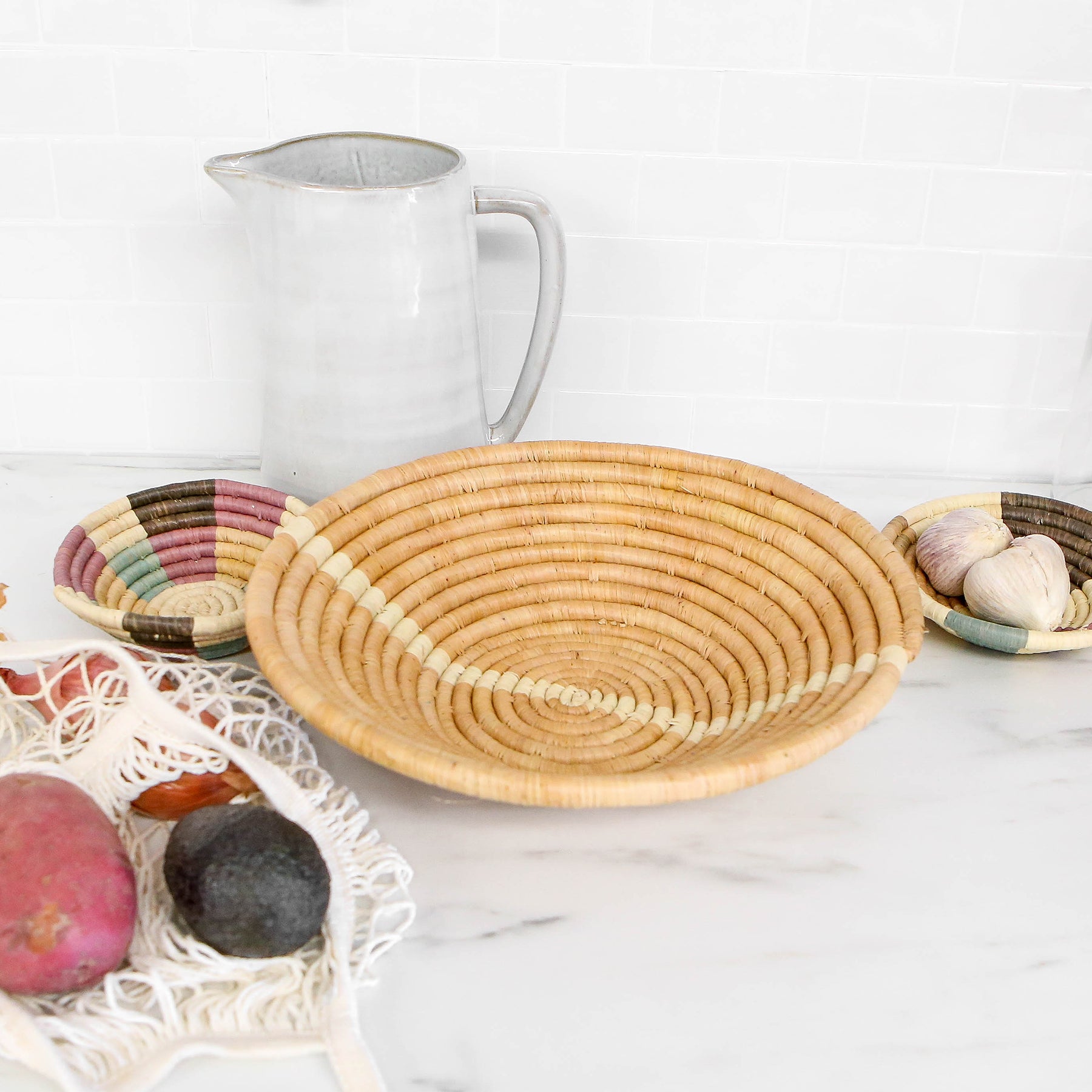 12" Large Tan Striped Round Basket - Decor Addict, LLC