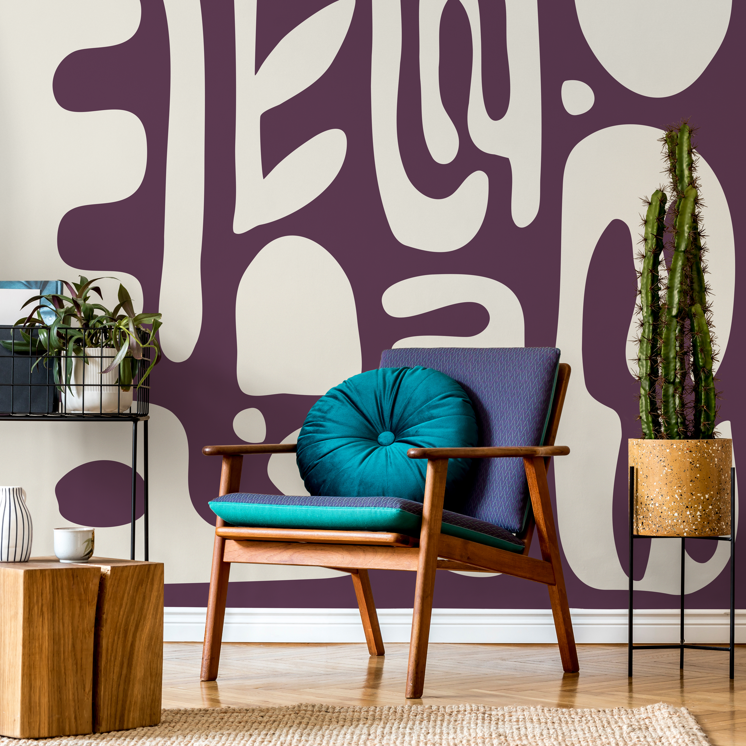 Abstract Wallpaper with Bold Organic Shapes in Purple and Beige - D594 - Decor Addict, LLC