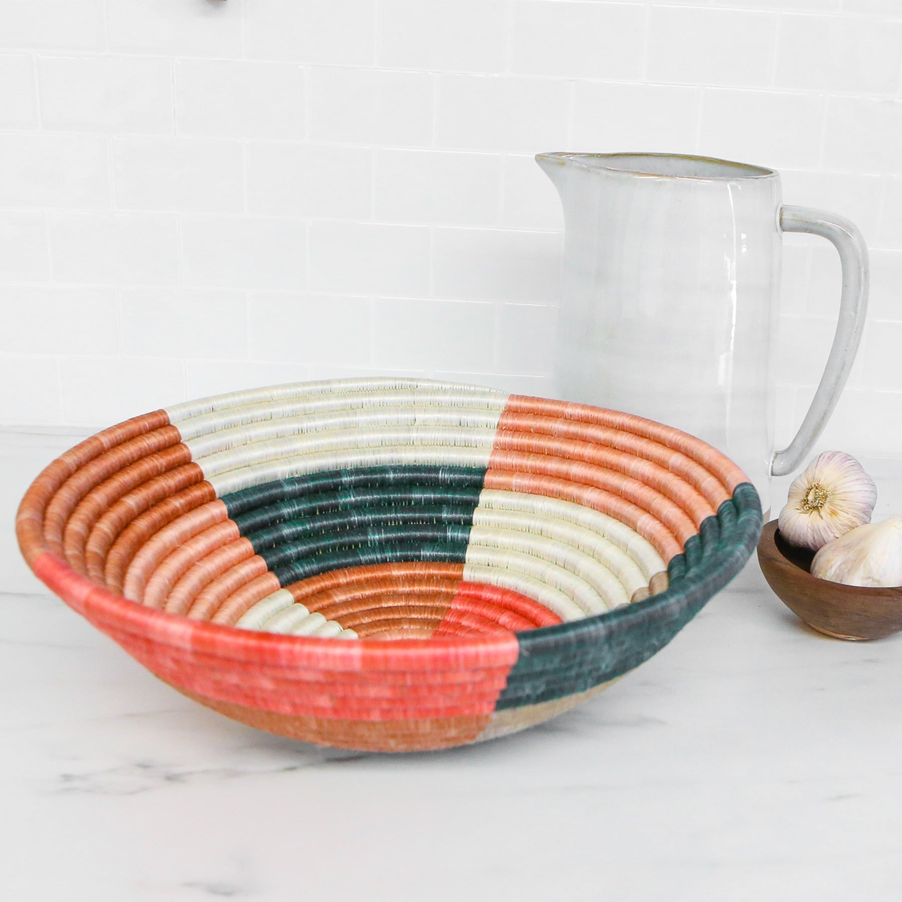 12" Large Coral & Clay Umuseke Round Basket - Decor Addict, LLC