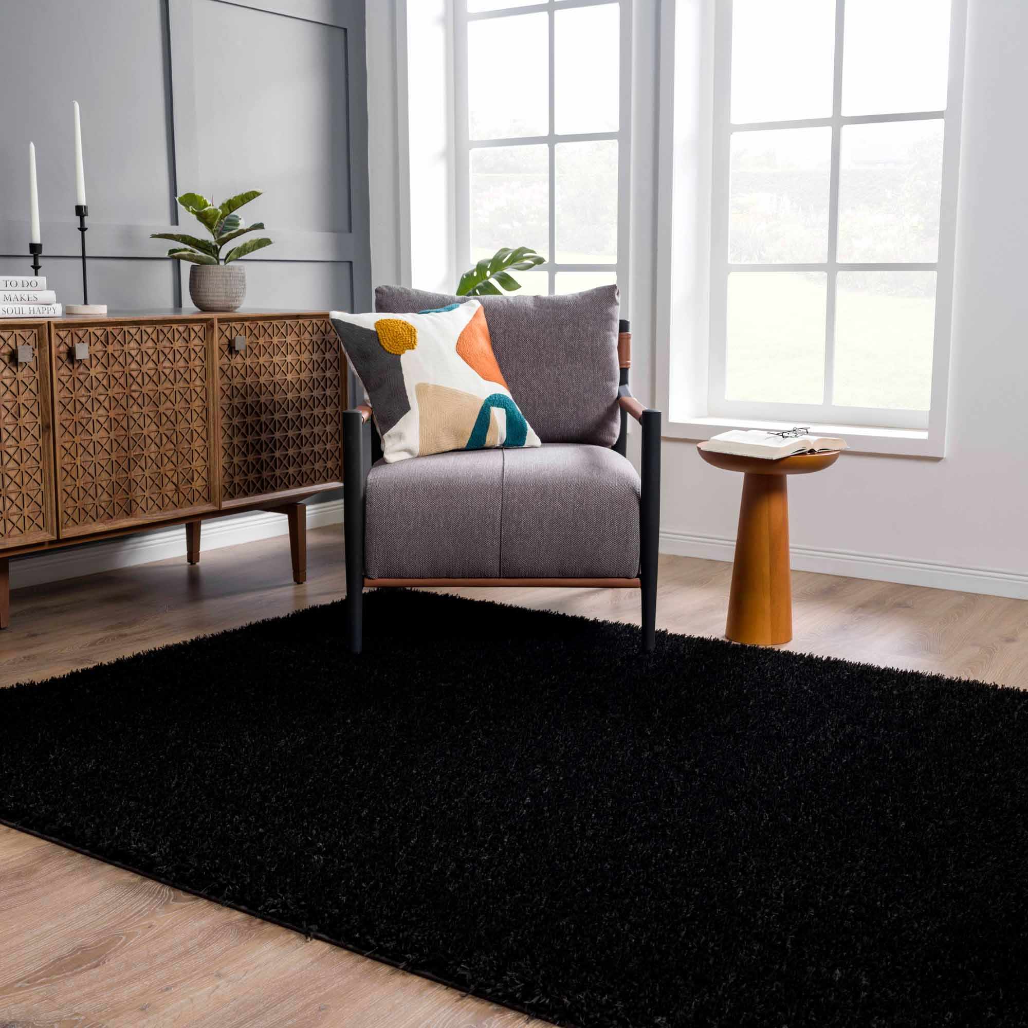 Faina Solid Black Shag Rug Washable - Decor Addict, LLC