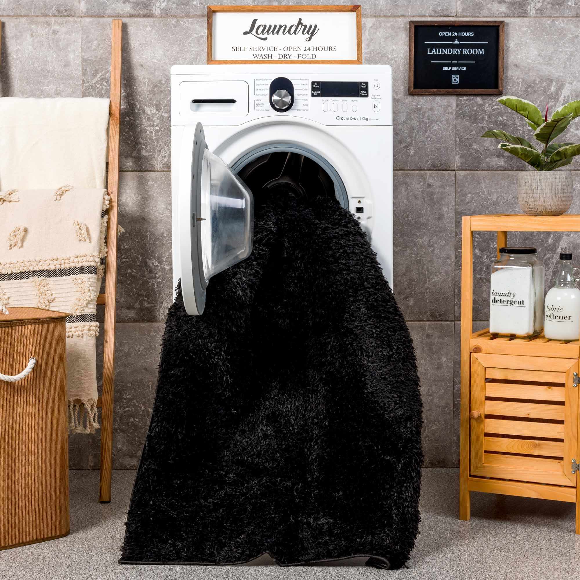 Faina Solid Black Shag Rug Washable - Decor Addict, LLC