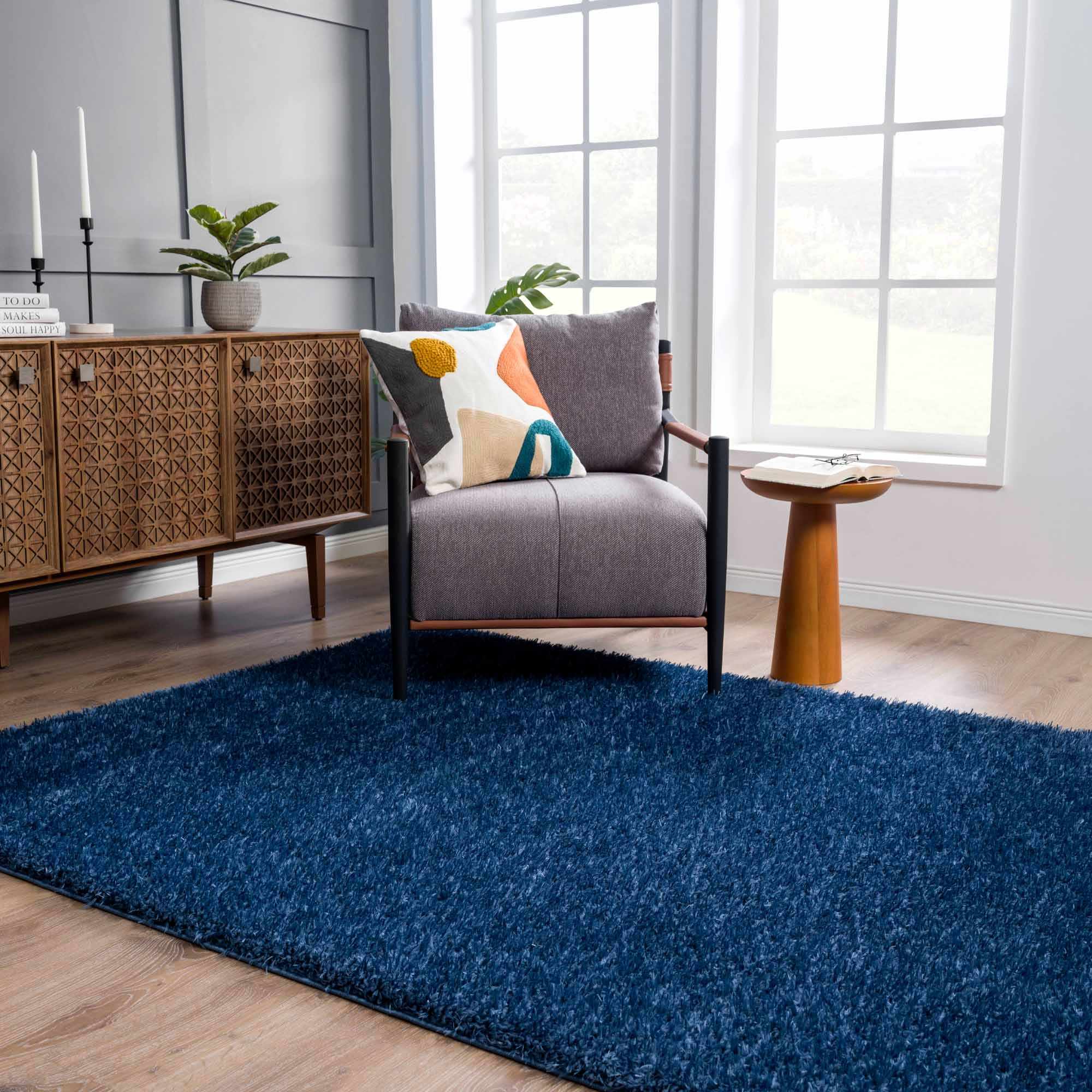Faina Solid Dark Blue Shag Rug Washable - Decor Addict, LLC