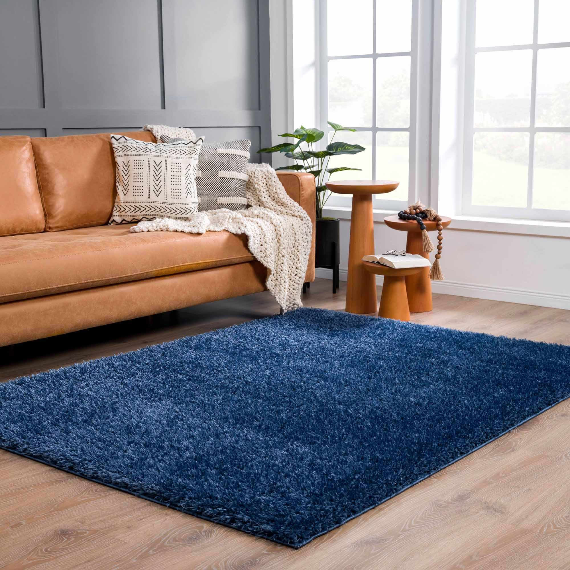 Faina Solid Dark Blue Shag Rug Washable - Decor Addict, LLC
