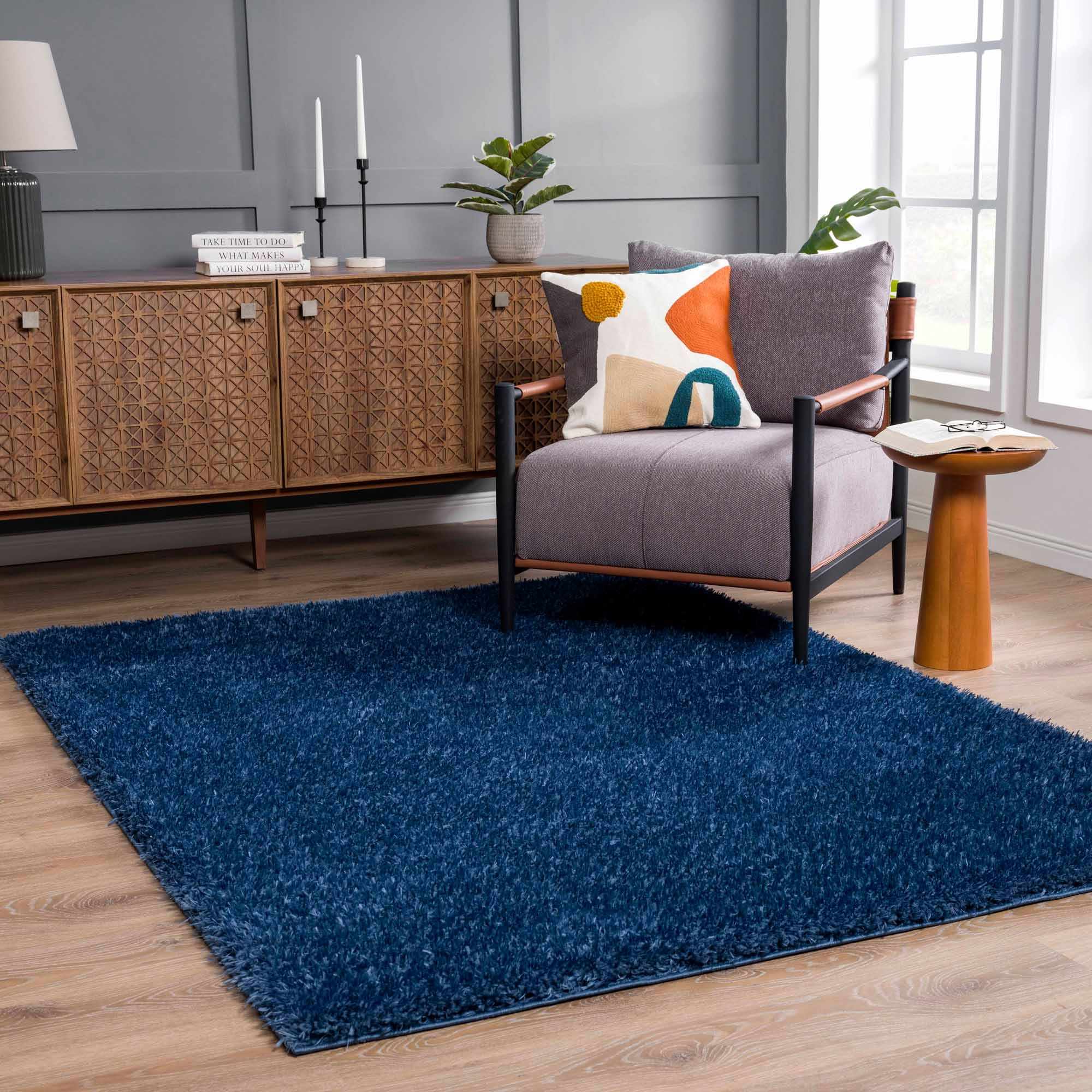 Faina Solid Dark Blue Shag Rug Washable - Decor Addict, LLC