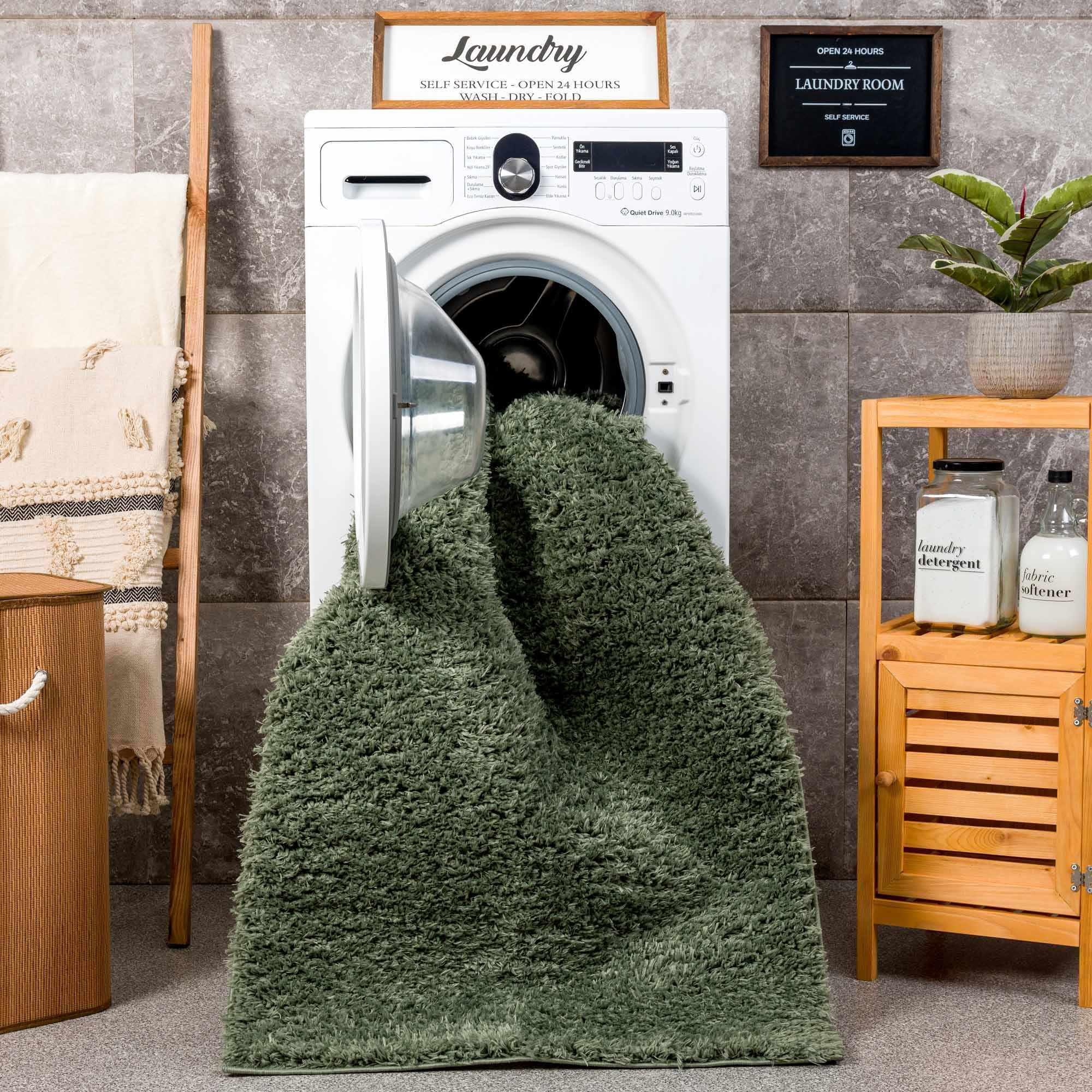 Faina Solid Green Shag Rug Washable - Decor Addict, LLC